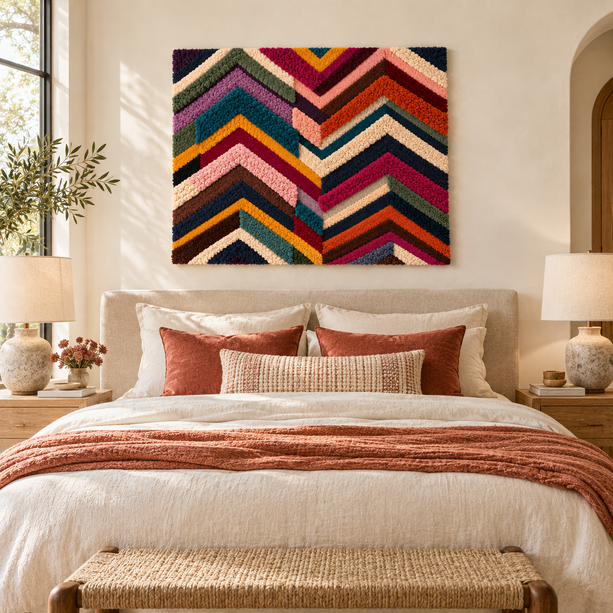 Hewn Earth Festival Chevron Weave wall art featuring a colorful, textured chevron pattern on a room wall.
