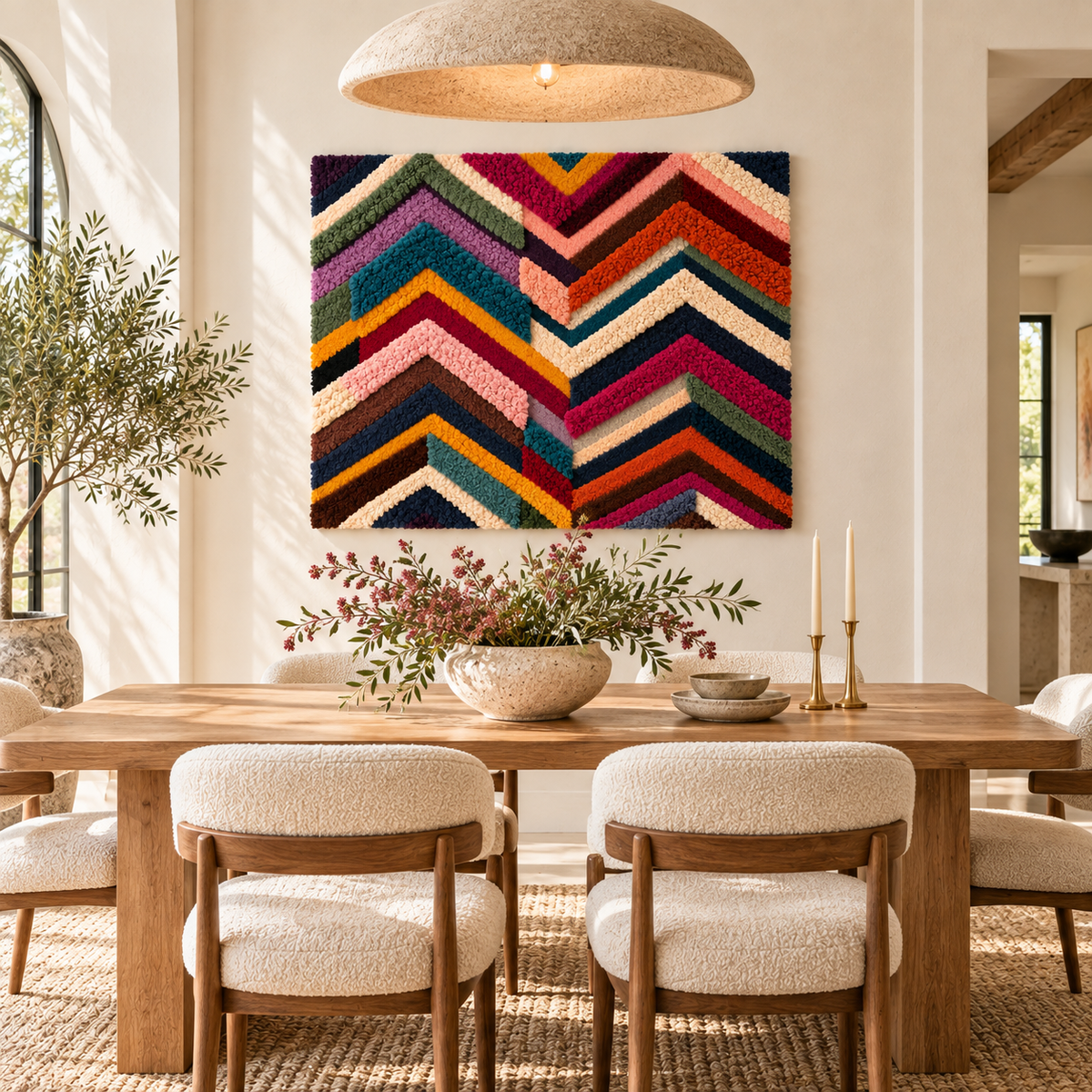 Hewn Earth Festival Chevron Weave wall art with vibrant, woven chevron pattern mounted on a room wall.