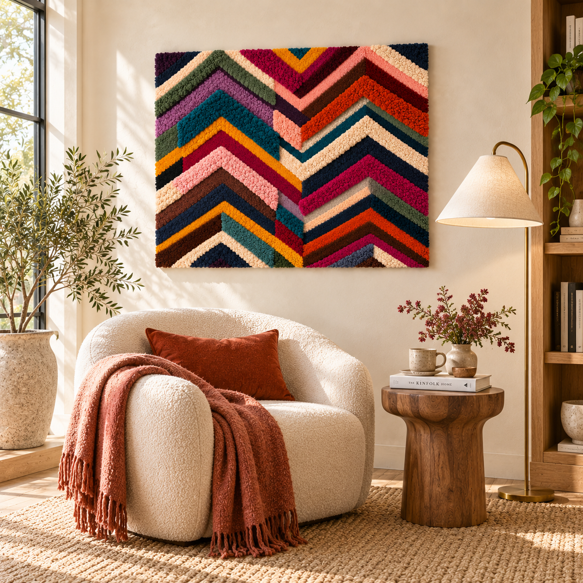 Hewn Earth Festival Chevron Weave wall art hanging on a room wall, featuring a colorful chevron pattern and textured fabric design.