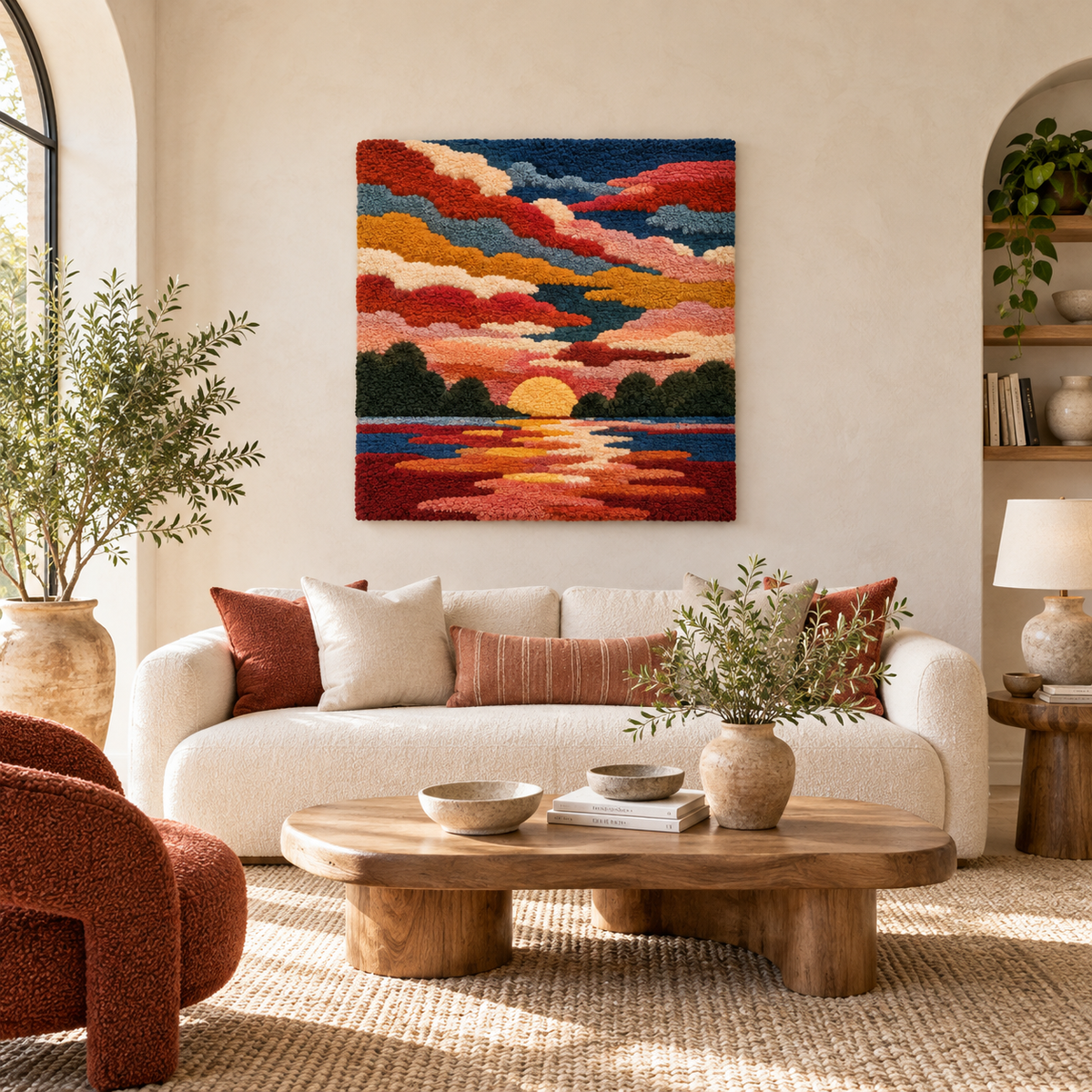 Firelight Across Still Water — front-facing room scene
