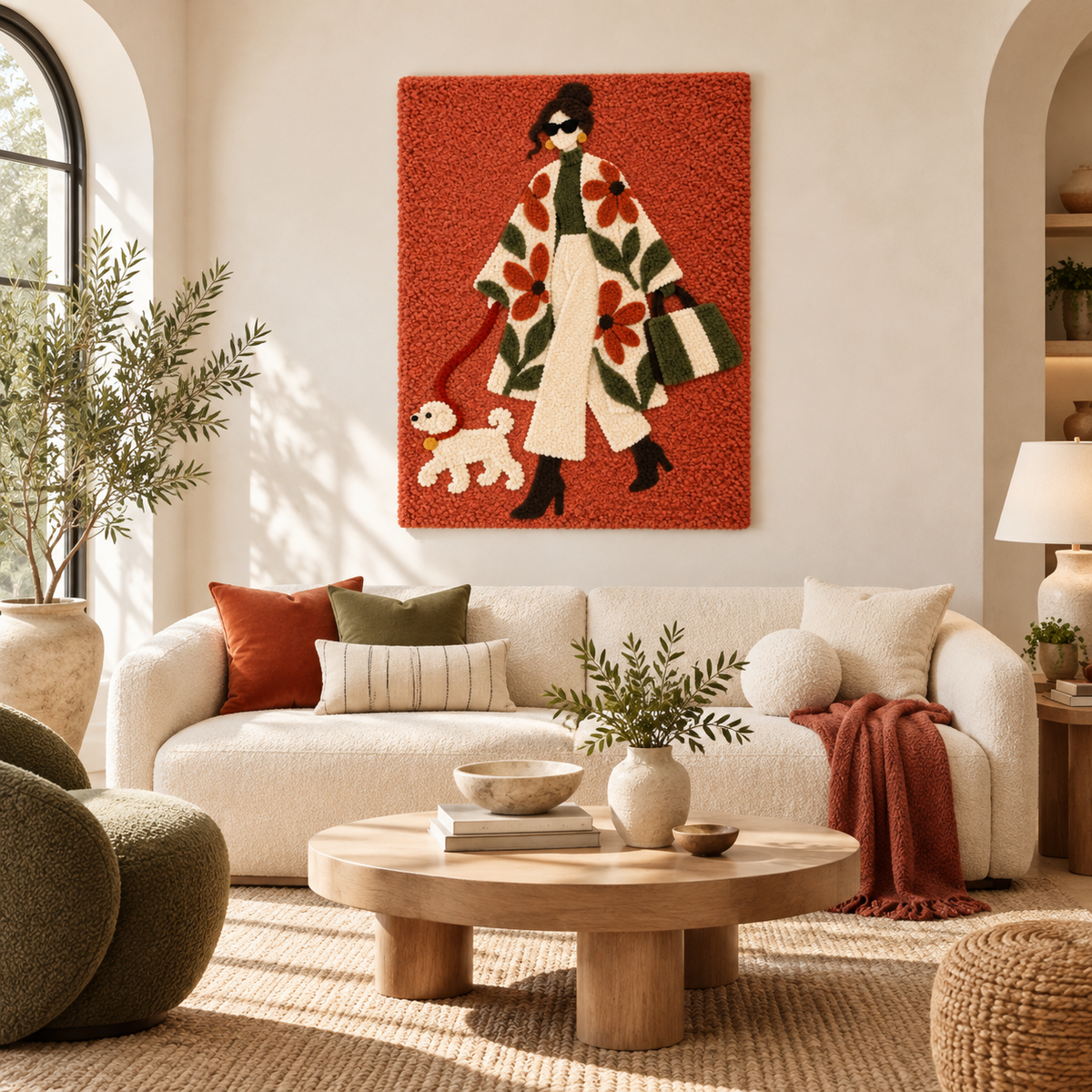 Hewn Earth floral coat wall art featuring a delicate floral design and a small companion figure, ideal for cozy room decor.