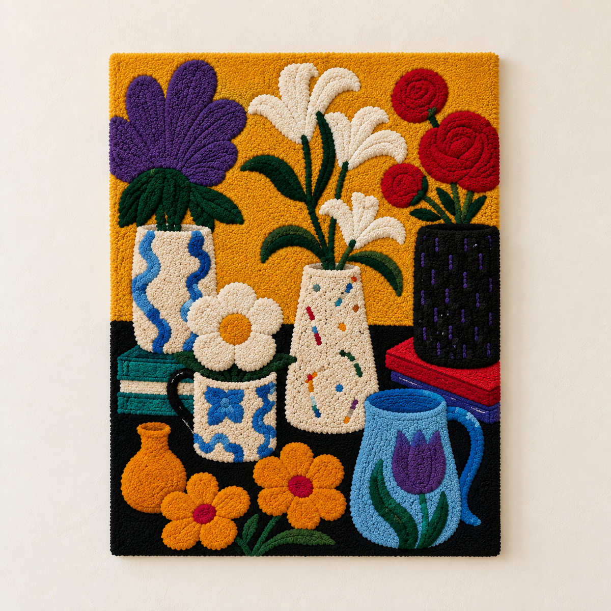 Hewn Earth wall art featuring vibrant flowers for a golden morning, showcasing colorful floral design on a light background.