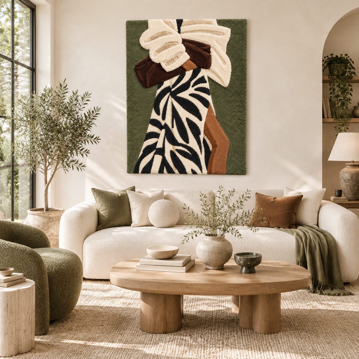 Folded Arms and Leaf Print — front-facing room scene [room-front]