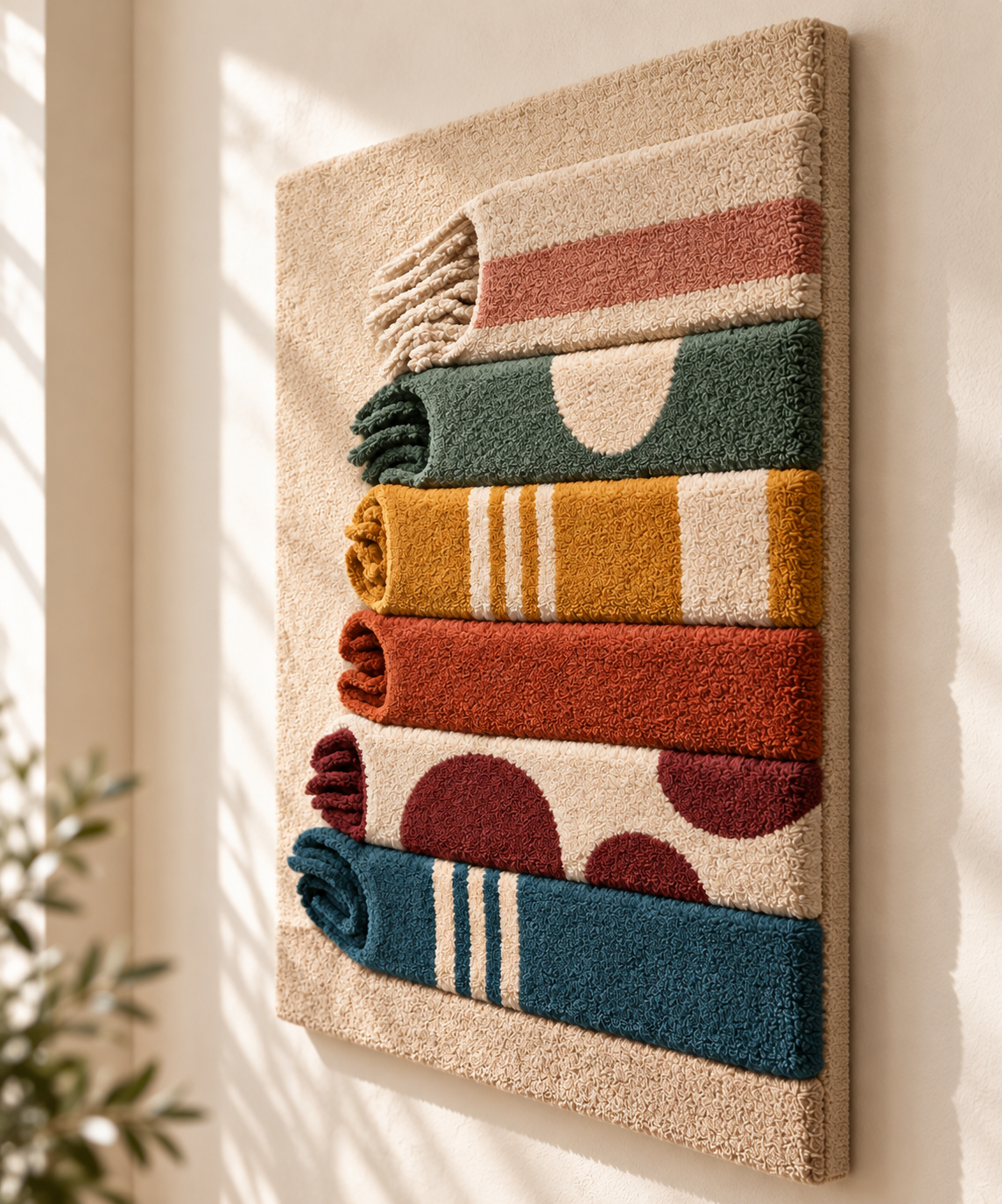 Hewn Earth wall art featuring a folded textile color study with vibrant, textured fabric showcasing a mix of earthy tones.