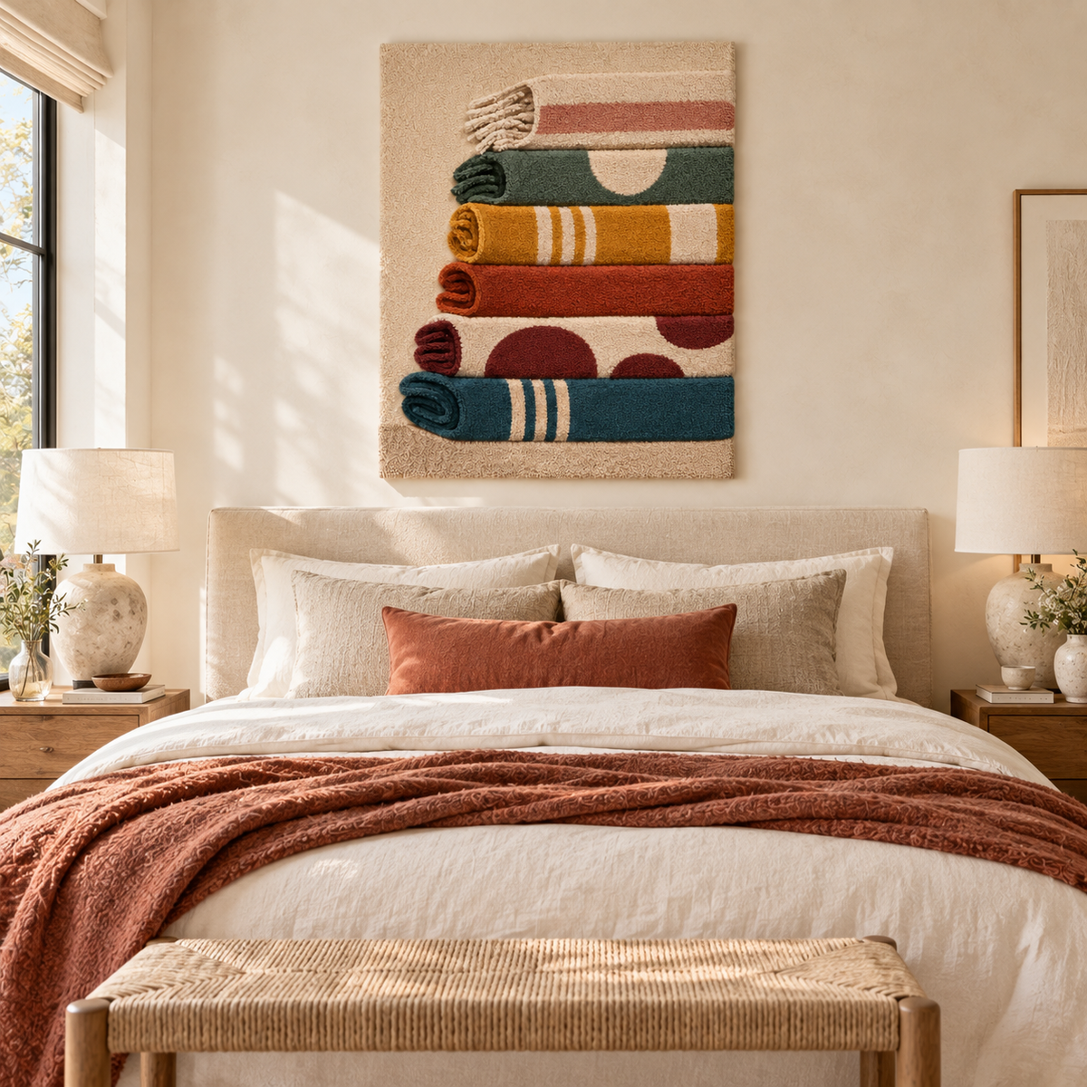 Hewn Earth Folded Textile Color Study wall art featuring vibrant, folded fabric with a blend of earthy and bold colors.