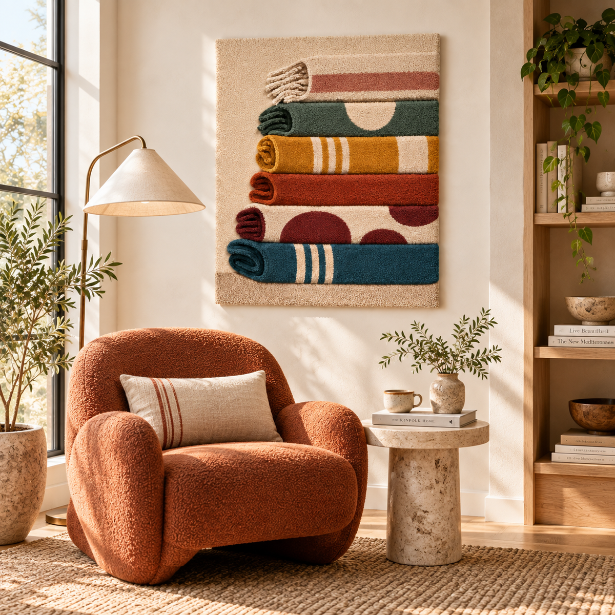 Hewn Earth folded textile color study wall art with vibrant fabric folds and rich color variations, displayed in a room setting.