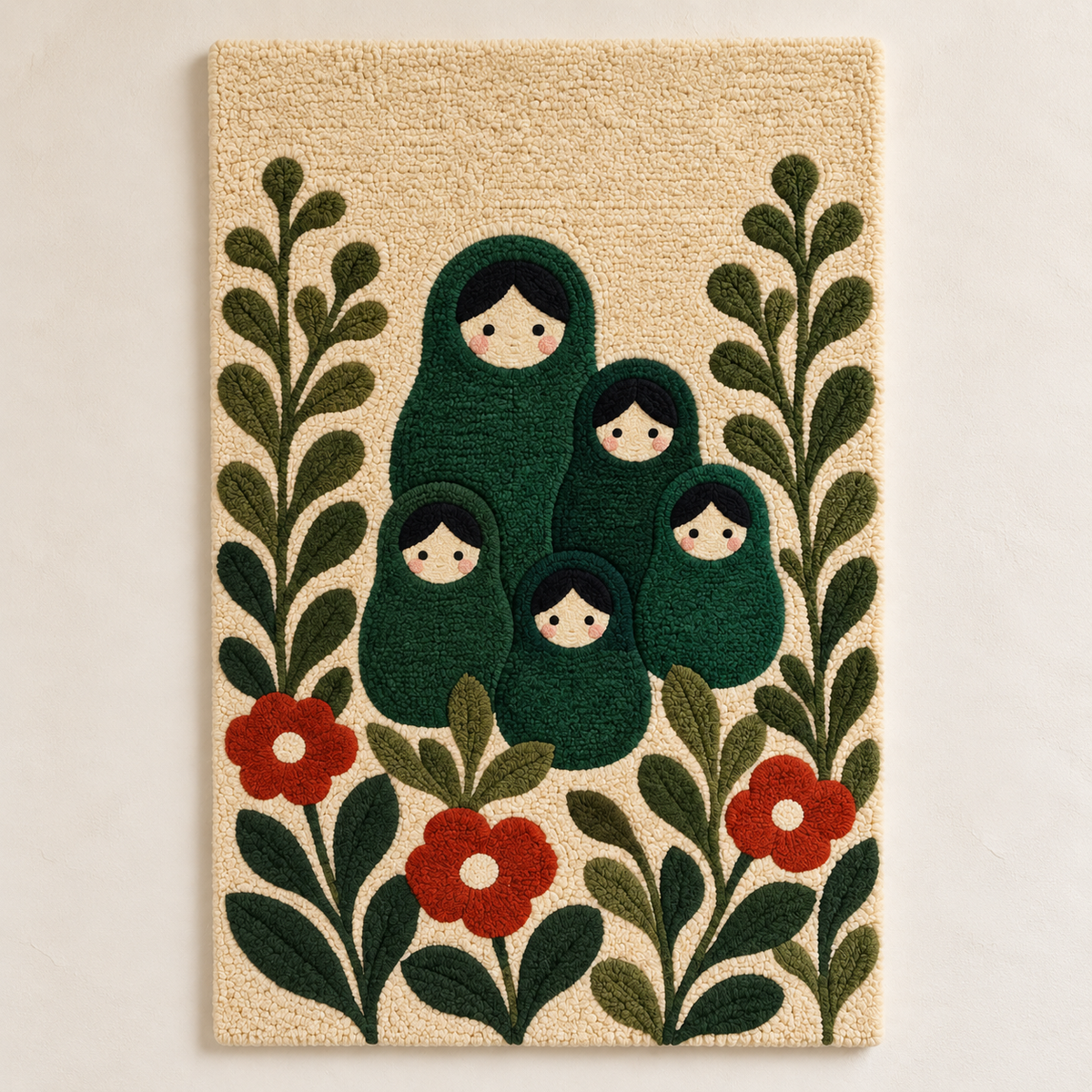 Hewn Earth Forest Doll Garden wall art featuring a whimsical forest scene with a doll figure and lush greenery.