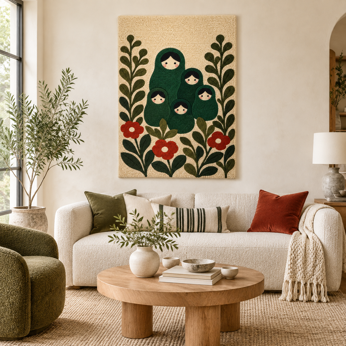 Hewn Earth Forest Doll Garden wall art featuring a whimsical forest scene with colorful dolls and lush greenery.