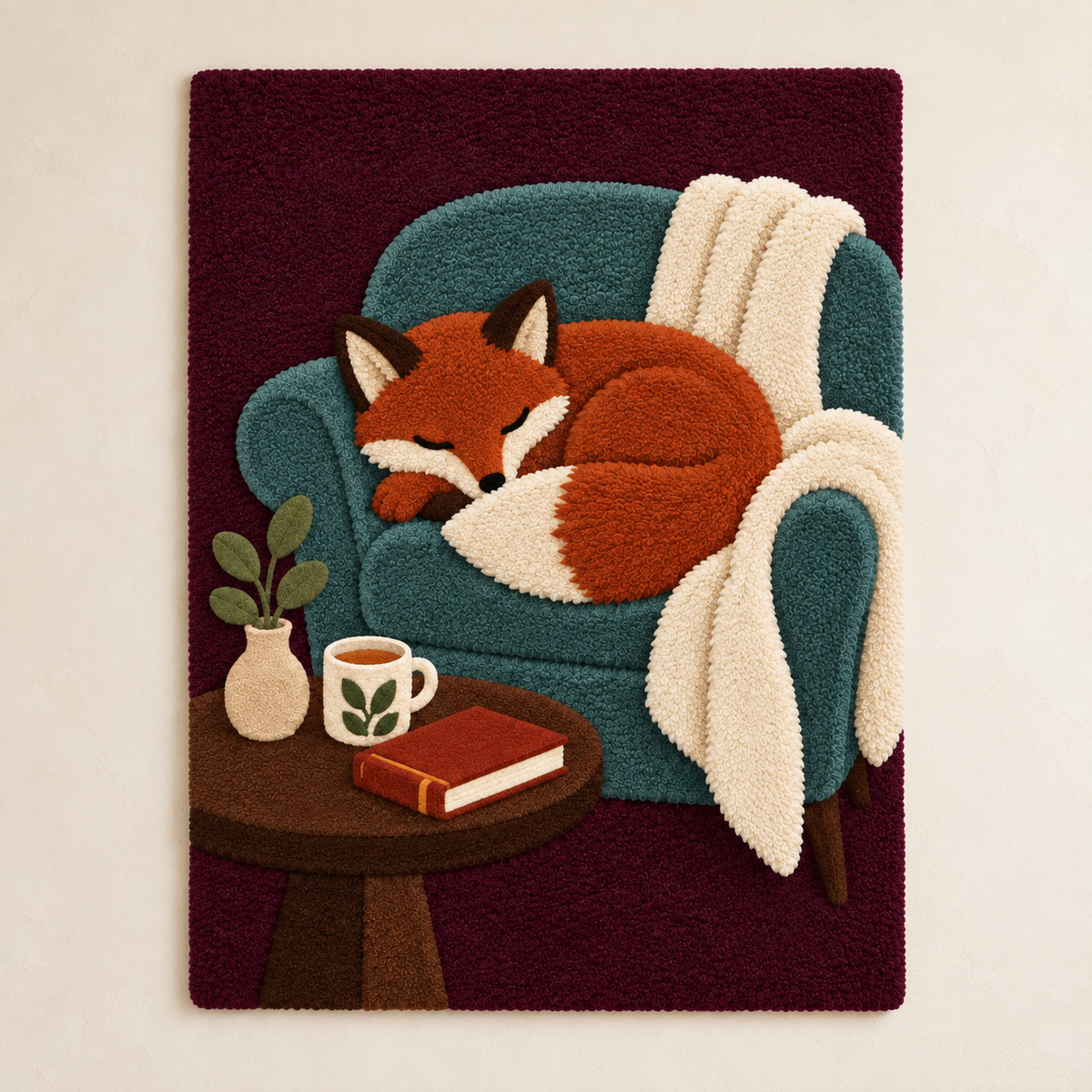 Hewn Earth wall art featuring a fox dreaming in a blue armchair, with soft lighting and detailed illustration.