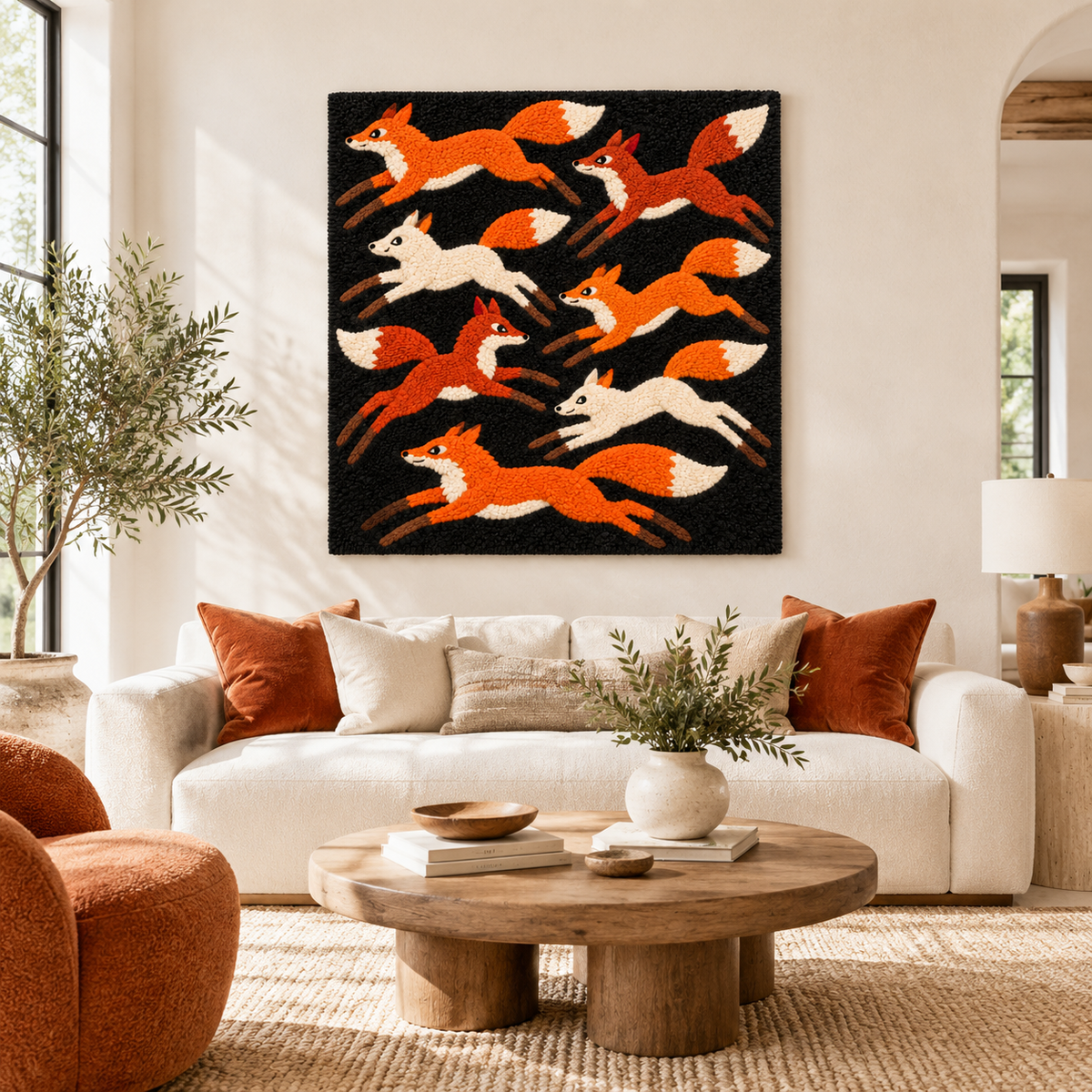 Hewn Earth wall art featuring foxes across a midnight meadow, depicting a serene nighttime forest scene with foxes in silhouette.
