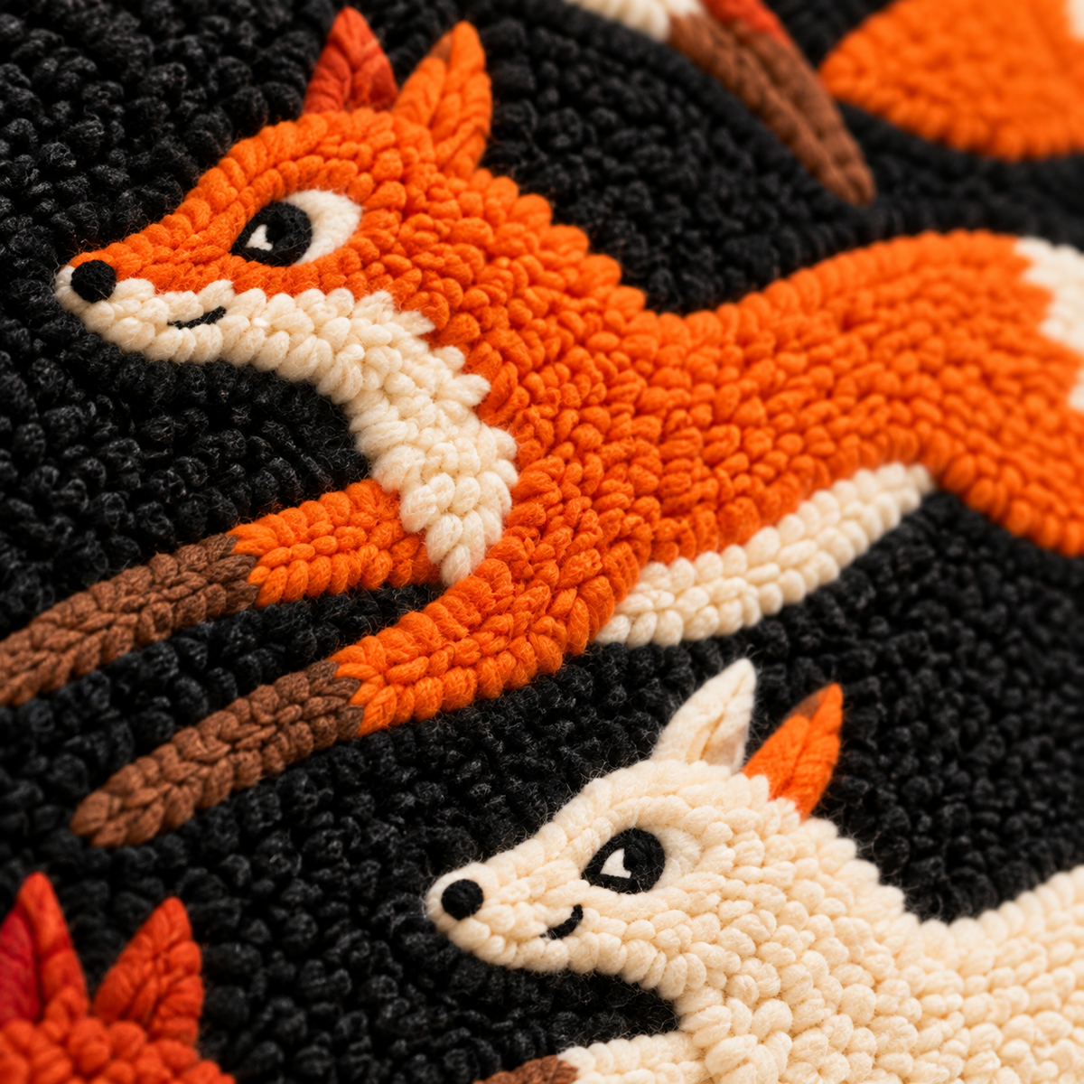 Foxes Across the Midnight Meadow — tufted wool texture detail