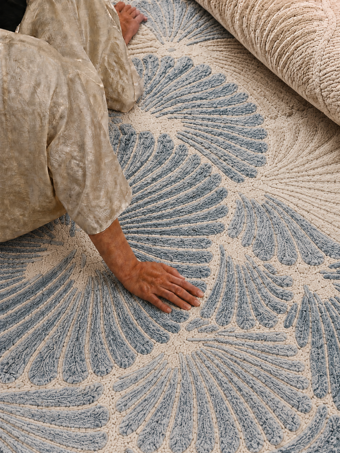 Hewn Earth Studio Frond rug with a slate-colored handwoven design, showcasing intricate natural fiber craftsmanship.