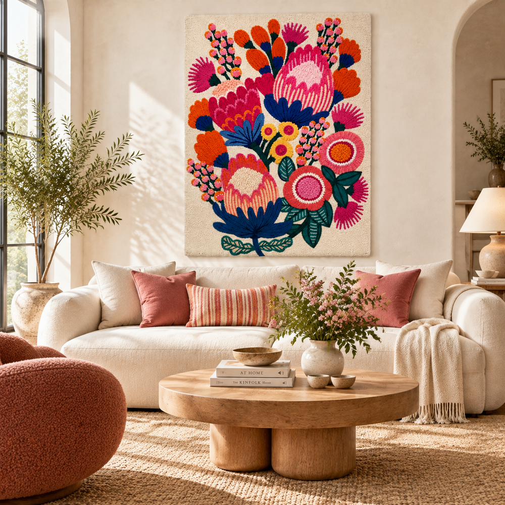 Hewn Earth Fuchsia Bloom Festival wall art featuring vibrant pink floral design on a room background.