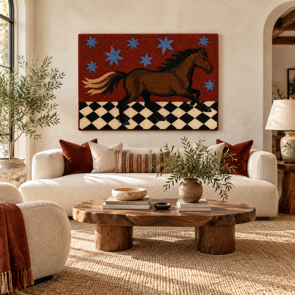 Hewn Earth Gallop Beneath Blue Stars wall art featuring a serene scene with a horse under a starry night sky on a room wall.