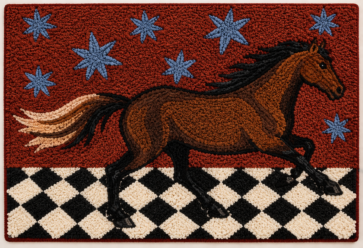 Hewn Earth Gallop Beneath Blue Stars wall art featuring a serene scene with a horse and starry night sky on a light background