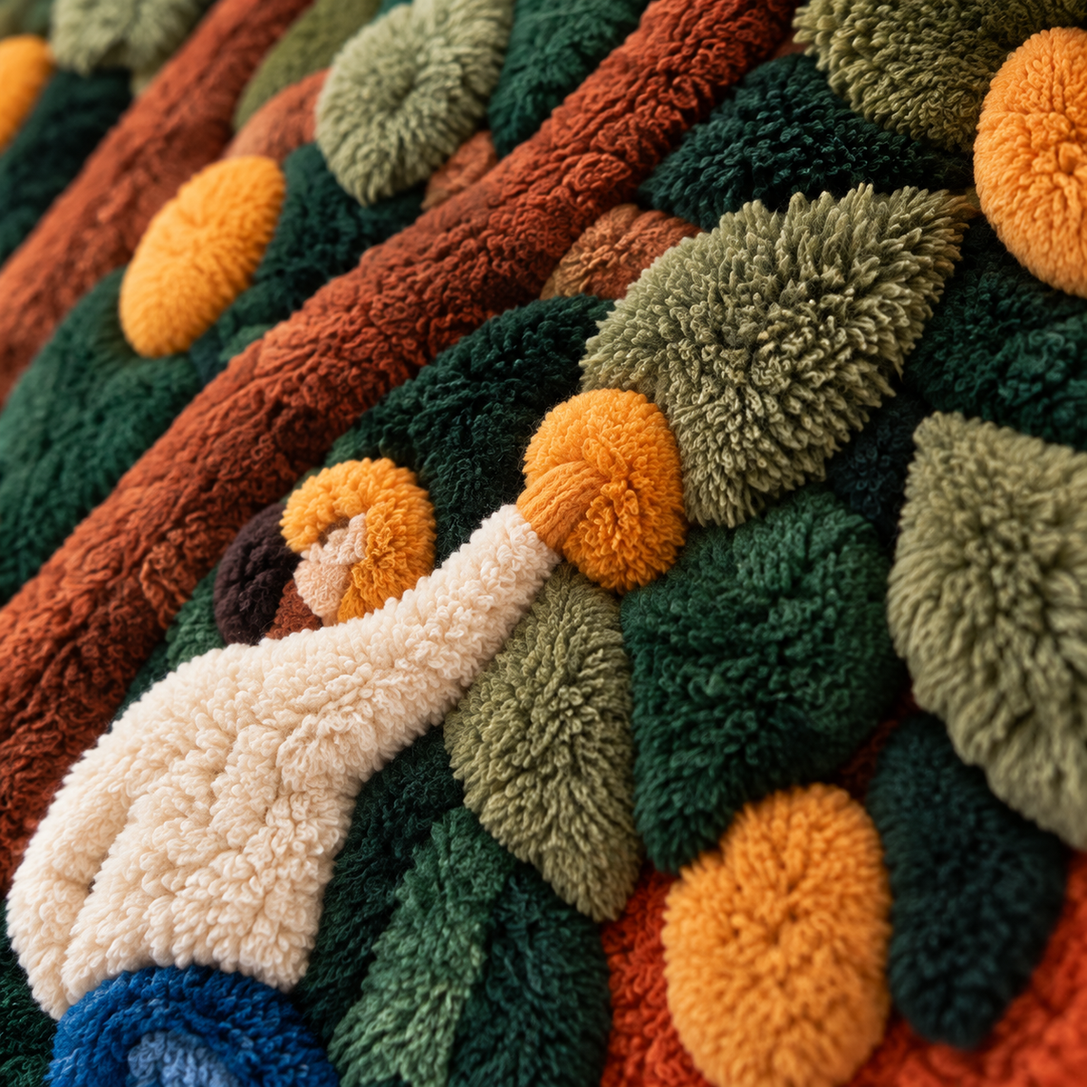 Gathering Beneath the Orange Tree — tufted wool texture detail