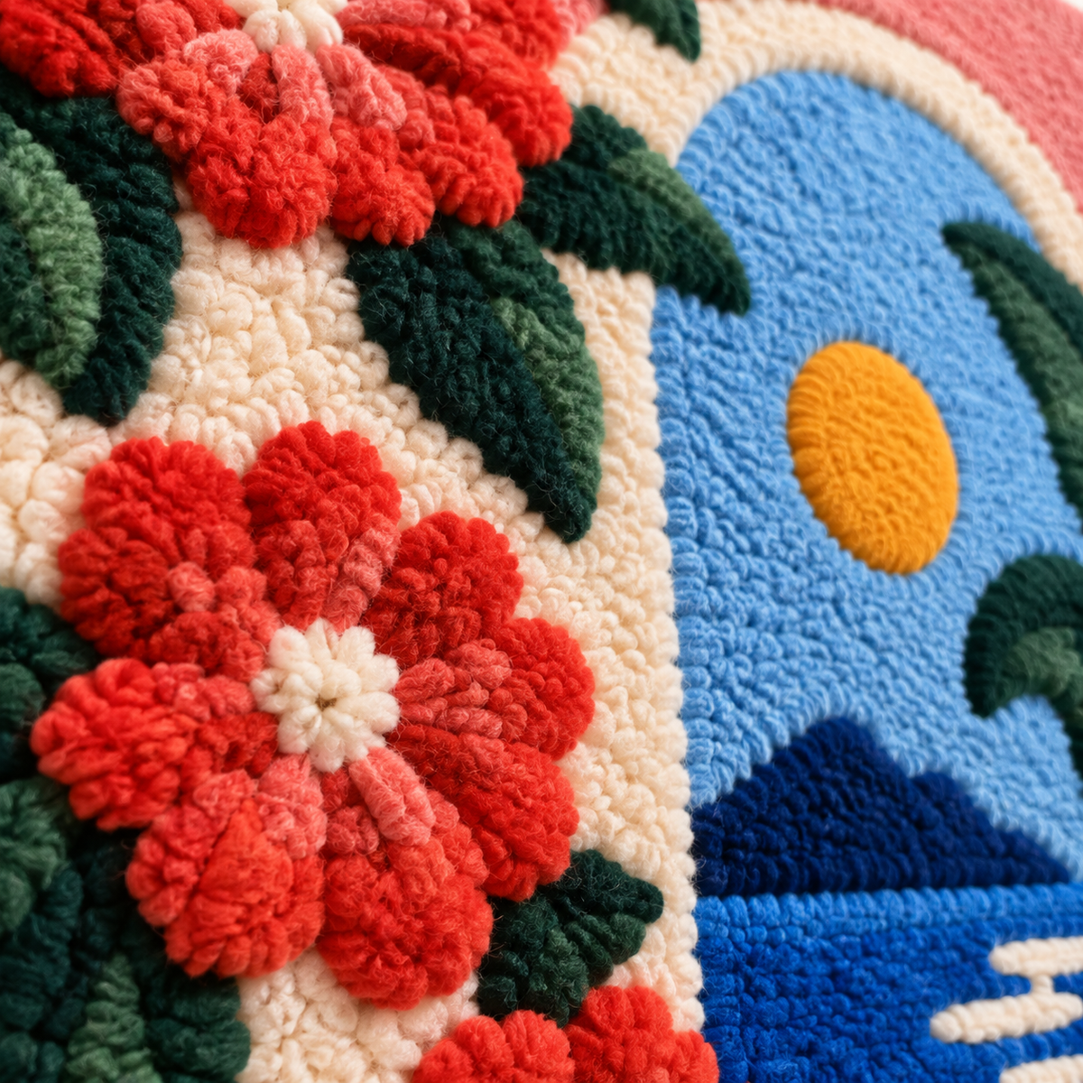 Geraniums at the Seaside Arch — tufted wool texture detail