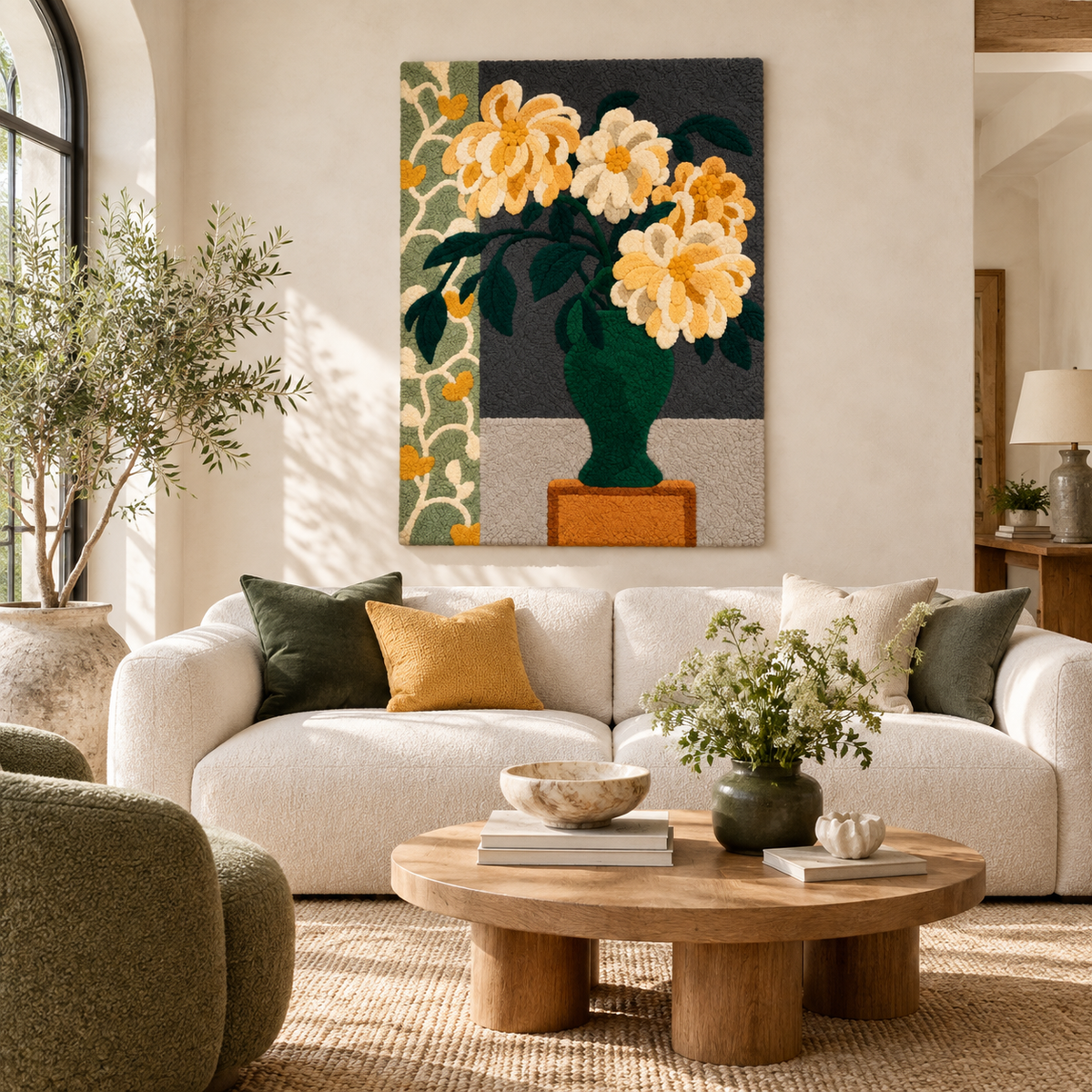 Golden Blooms in an Emerald Urn — front-facing room scene [room-front]