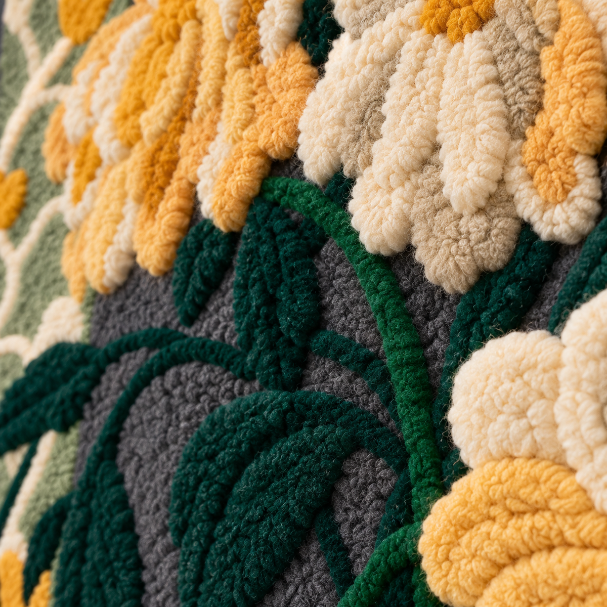 Golden Blooms in an Emerald Urn — tufted wool texture detail
