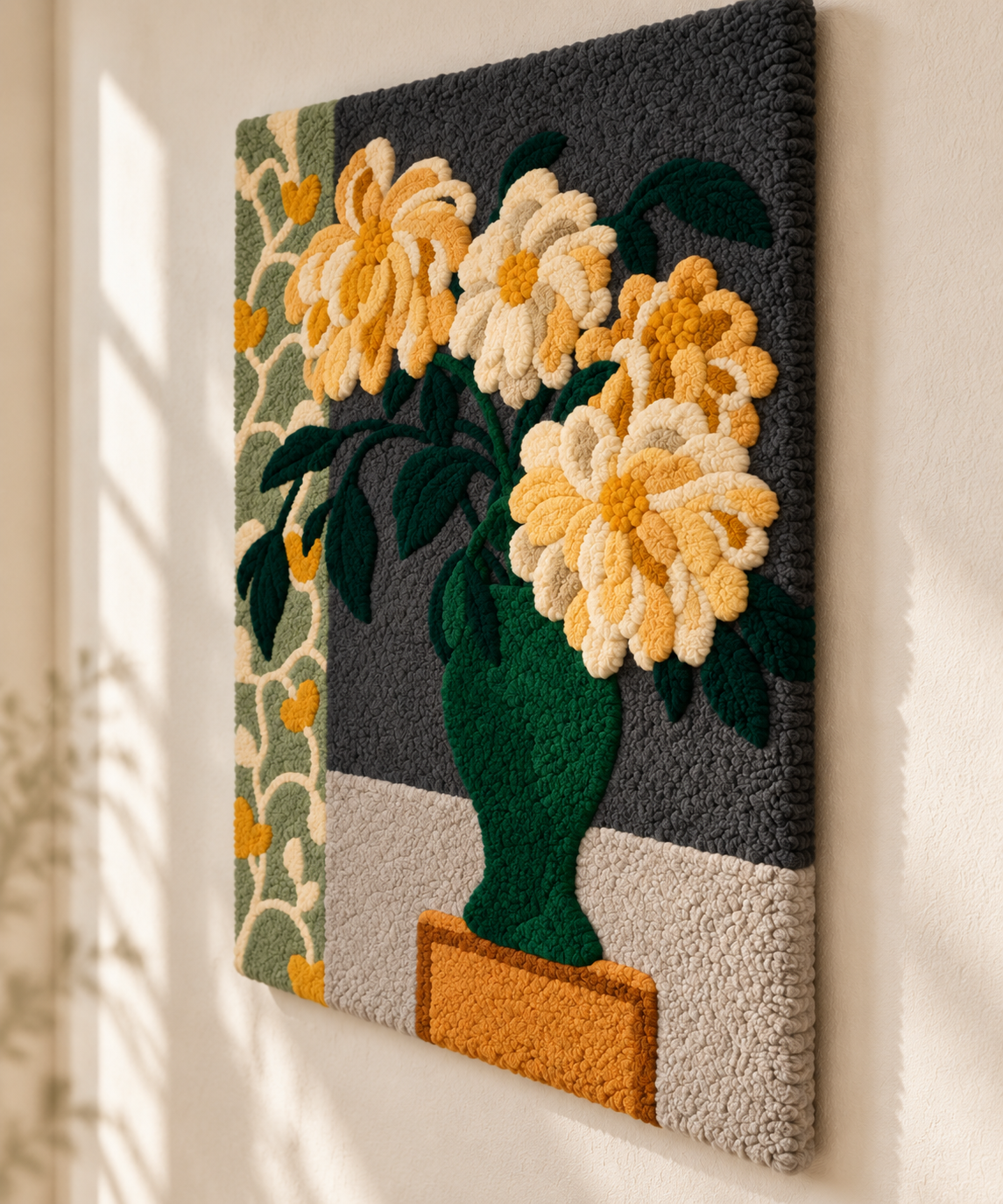 Golden Blooms in an Emerald Urn — angled relief view