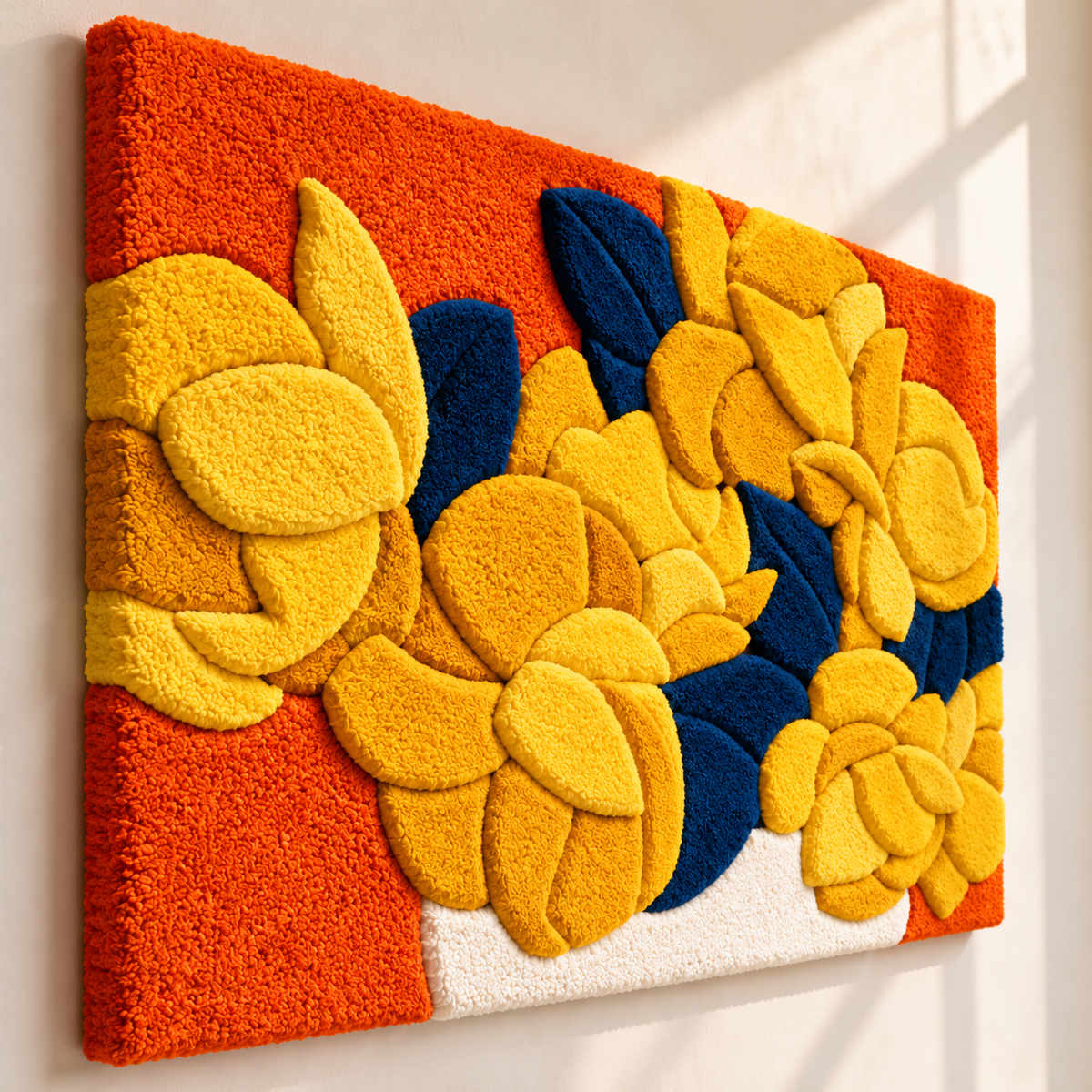 Golden Blooms on Orange by Hewn Earth Studio — angled relief view