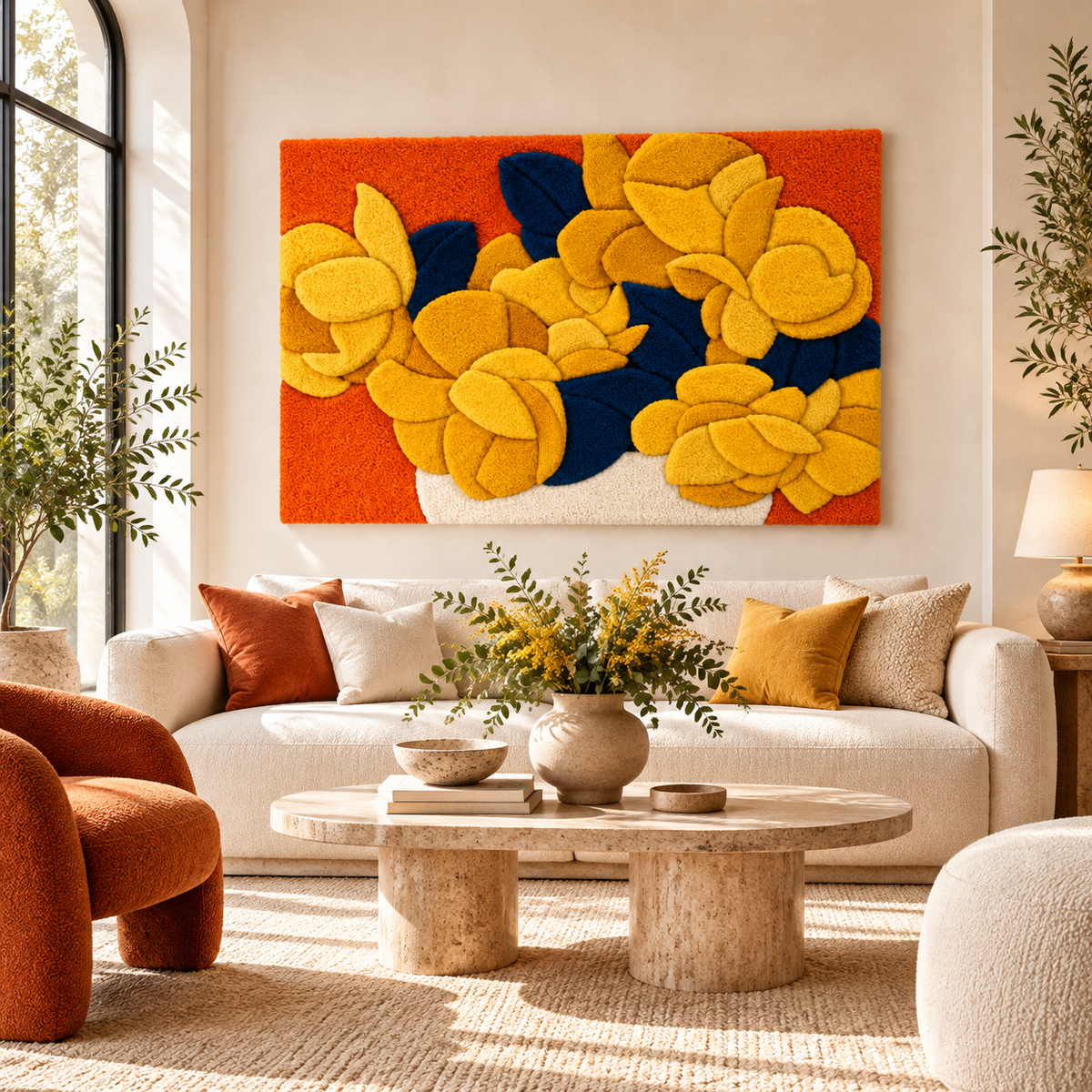 Golden Blooms on Orange by Hewn Earth Studio — room setting