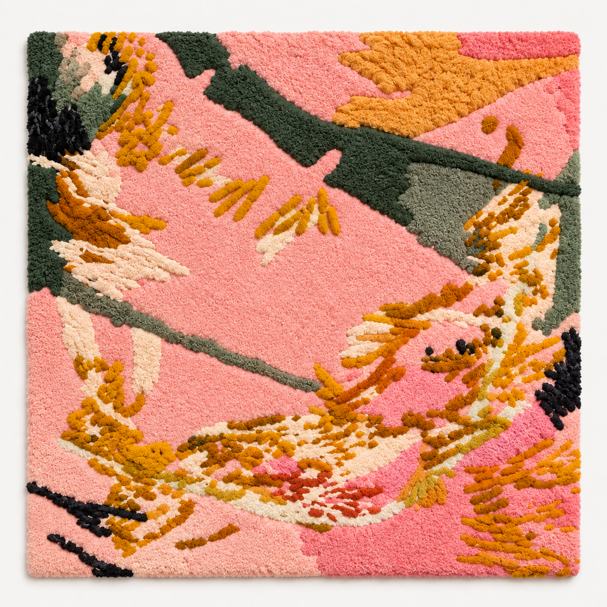 Hewn Earth wall art featuring golden boughs on a pink background, showcasing elegant nature-inspired design.