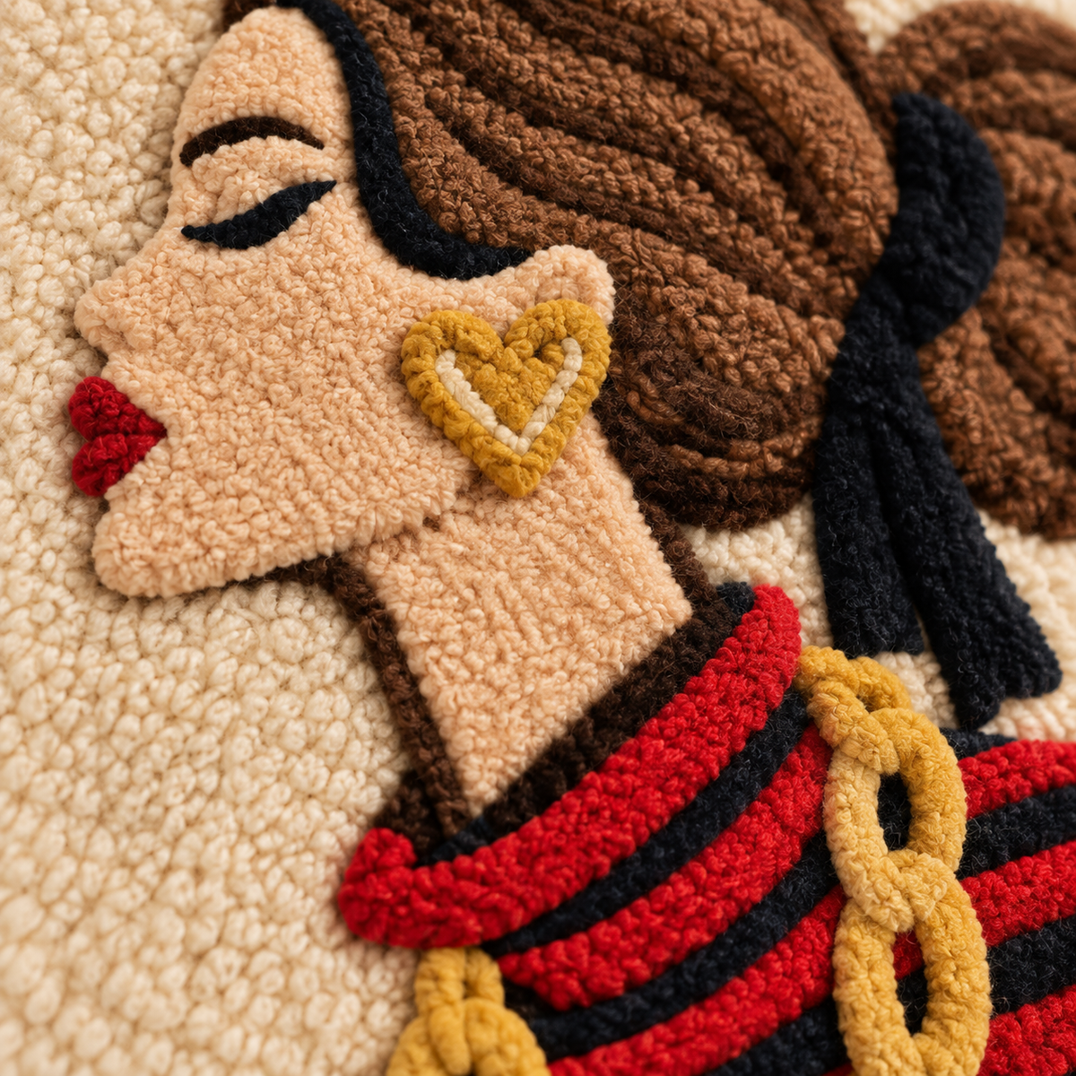 Golden Chains and Red Hearts — tufted wool texture detail