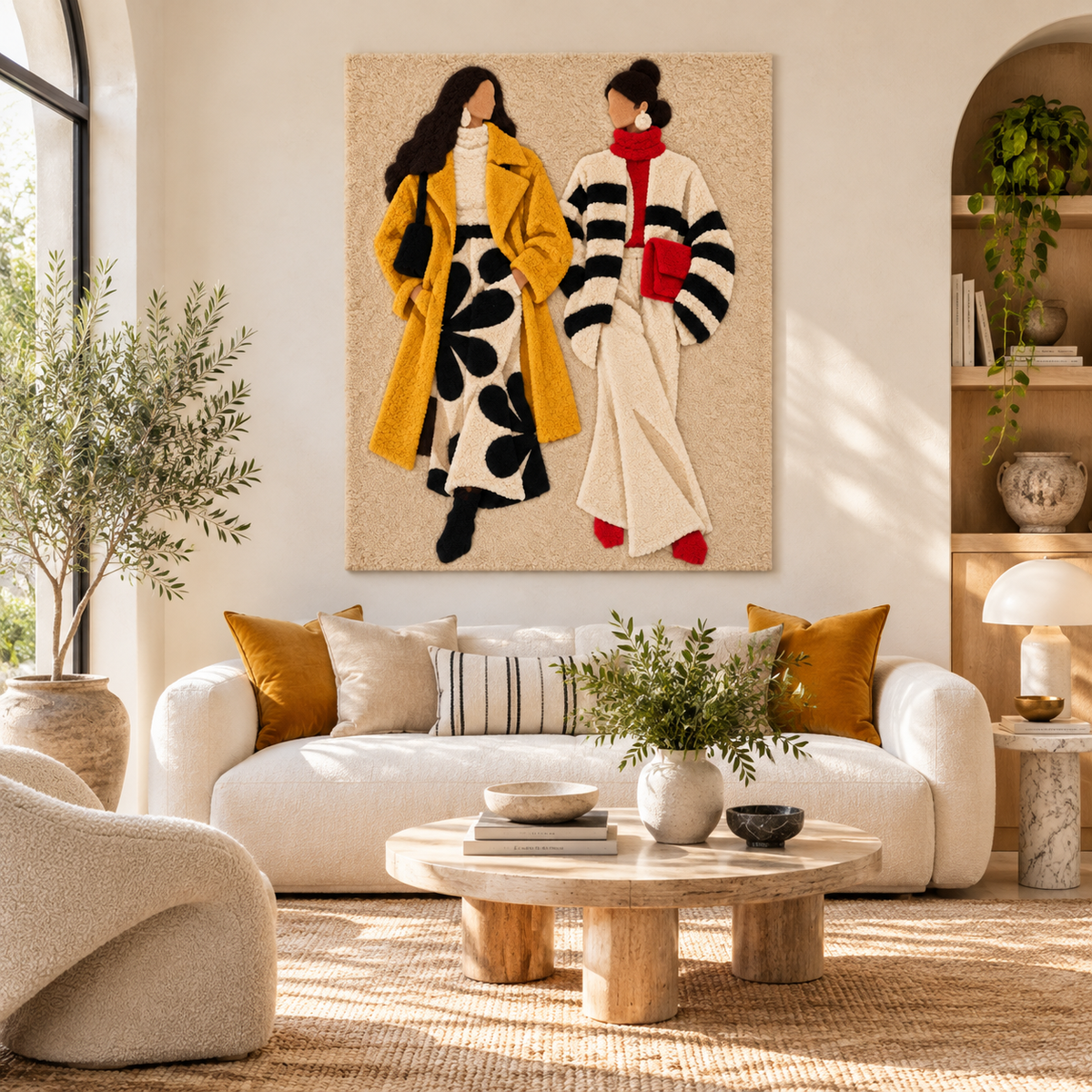 Hewn Earth wall art titled Golden Coat City Companions, featuring a detailed cityscape illustration in gold tones.