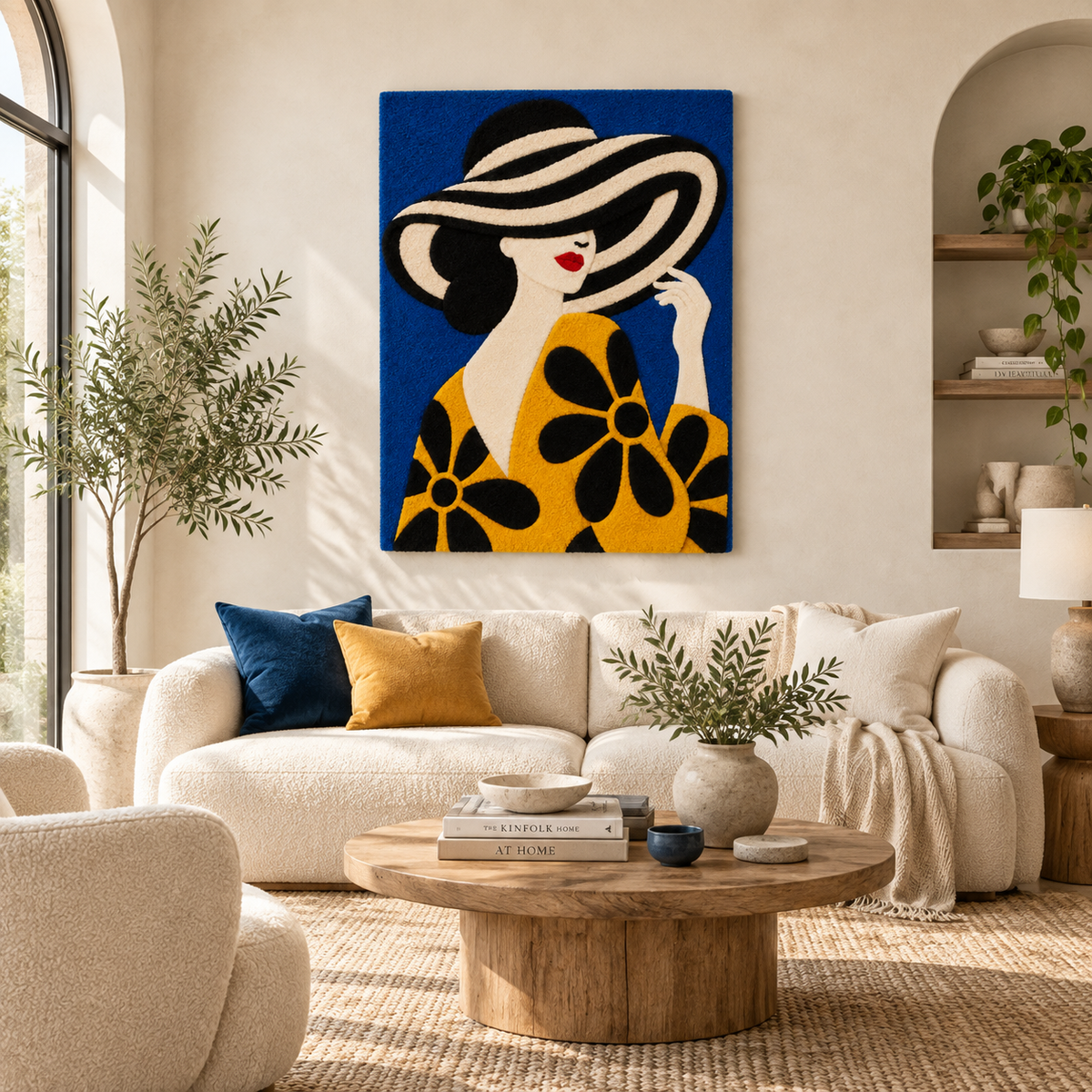 Hewn Earth wall art featuring a golden daisy beneath a waving brim, displayed in a room setting.