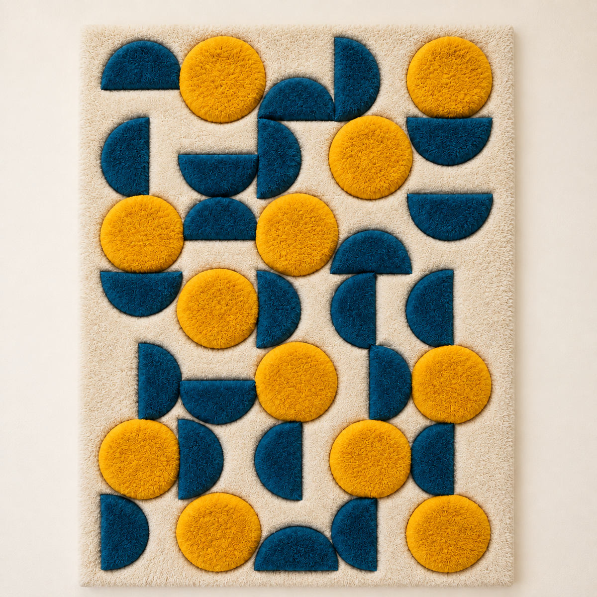Hewn Earth wall art featuring golden discs and ocean-inspired crescent shapes, mounted on a neutral background.