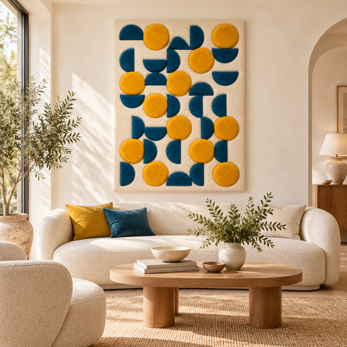Hewn Earth wall art featuring golden discs and ocean crescent shapes hanging on a modern room wall.