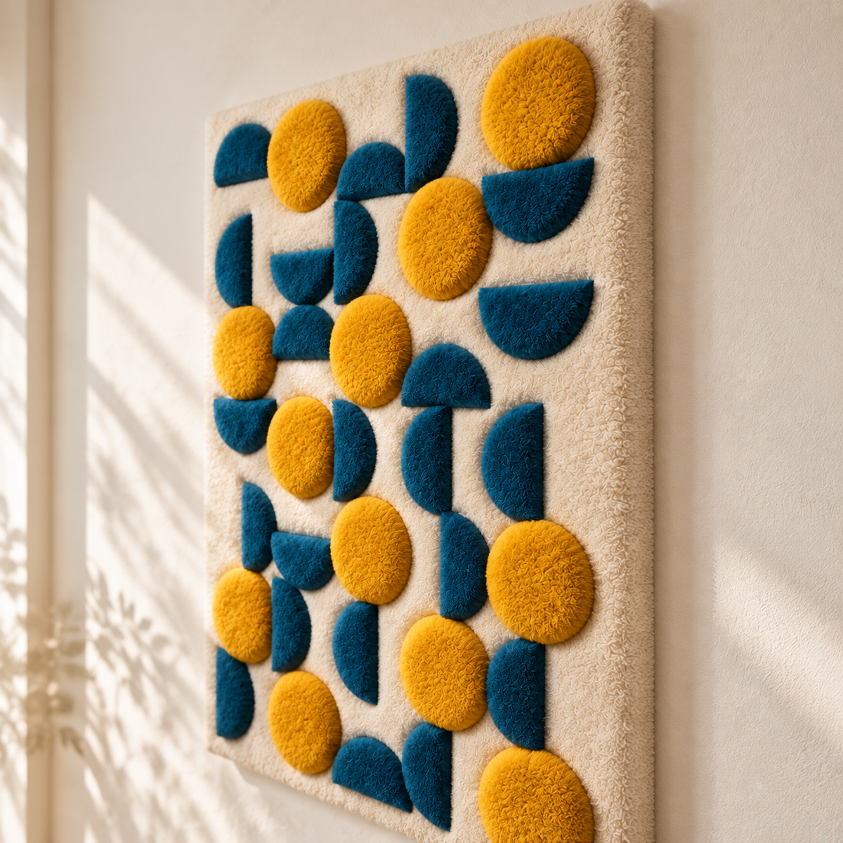 Hewn Earth wall art featuring golden discs and ocean crescent shapes with a modern, abstract design on a neutral background.