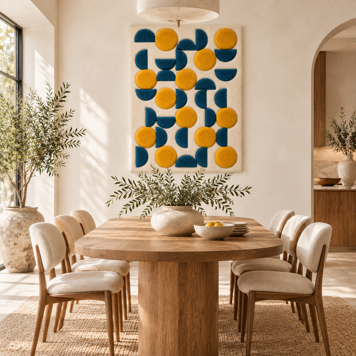 Hewn Earth wall art featuring golden discs and ocean crescents displayed in a modern room scene, adding elegant coastal decor.