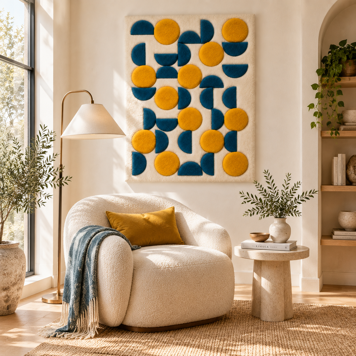 Hewn Earth wall art featuring golden discs and ocean crescent shapes hanging on a living room wall.