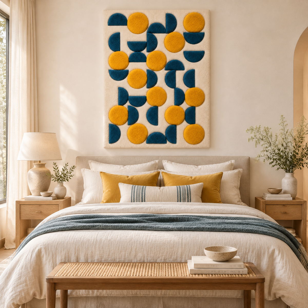 Hewn Earth wall art featuring golden discs and ocean crescent shapes hanging in a modern room decor scene