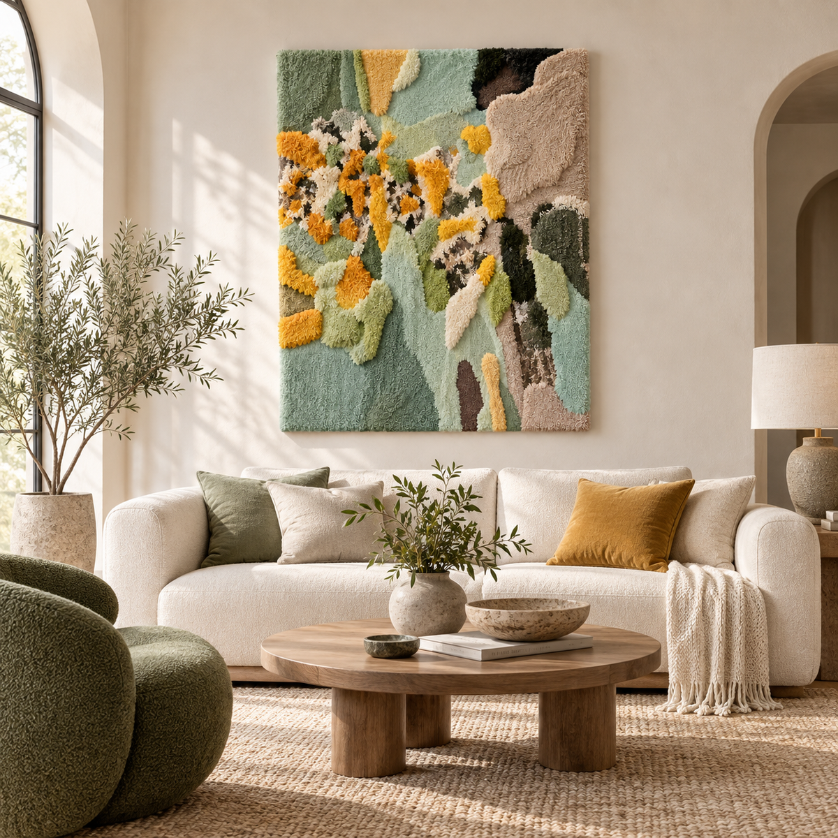Golden Flowers in Sage Mist — front-facing room scene