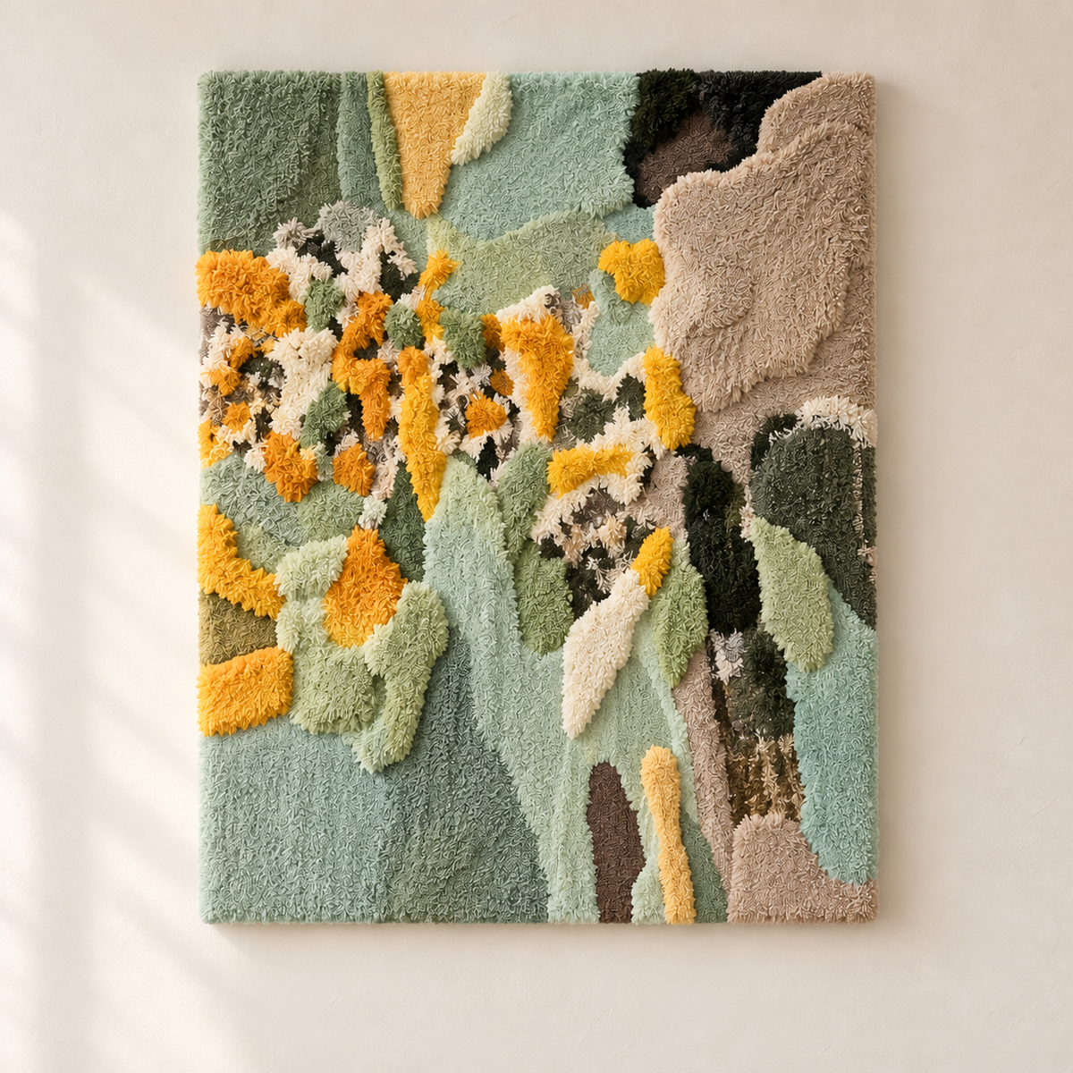 Hewn Earth wall art featuring golden flowers in a sage mist background, vibrant floral design on textured canvas.