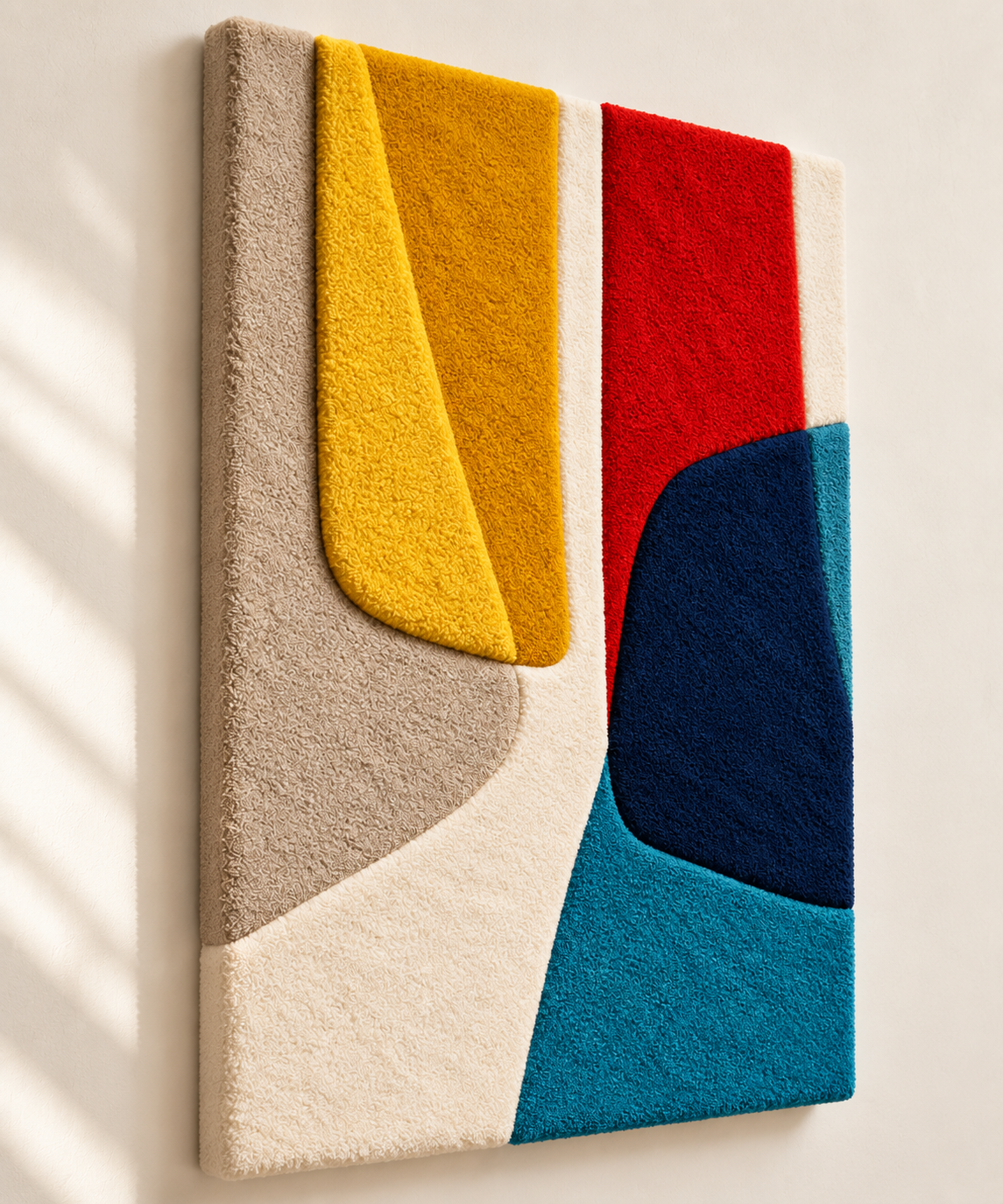 Hewn Earth Golden Fold and Blue Current wall art featuring abstract golden and blue design, angled view with textured details.