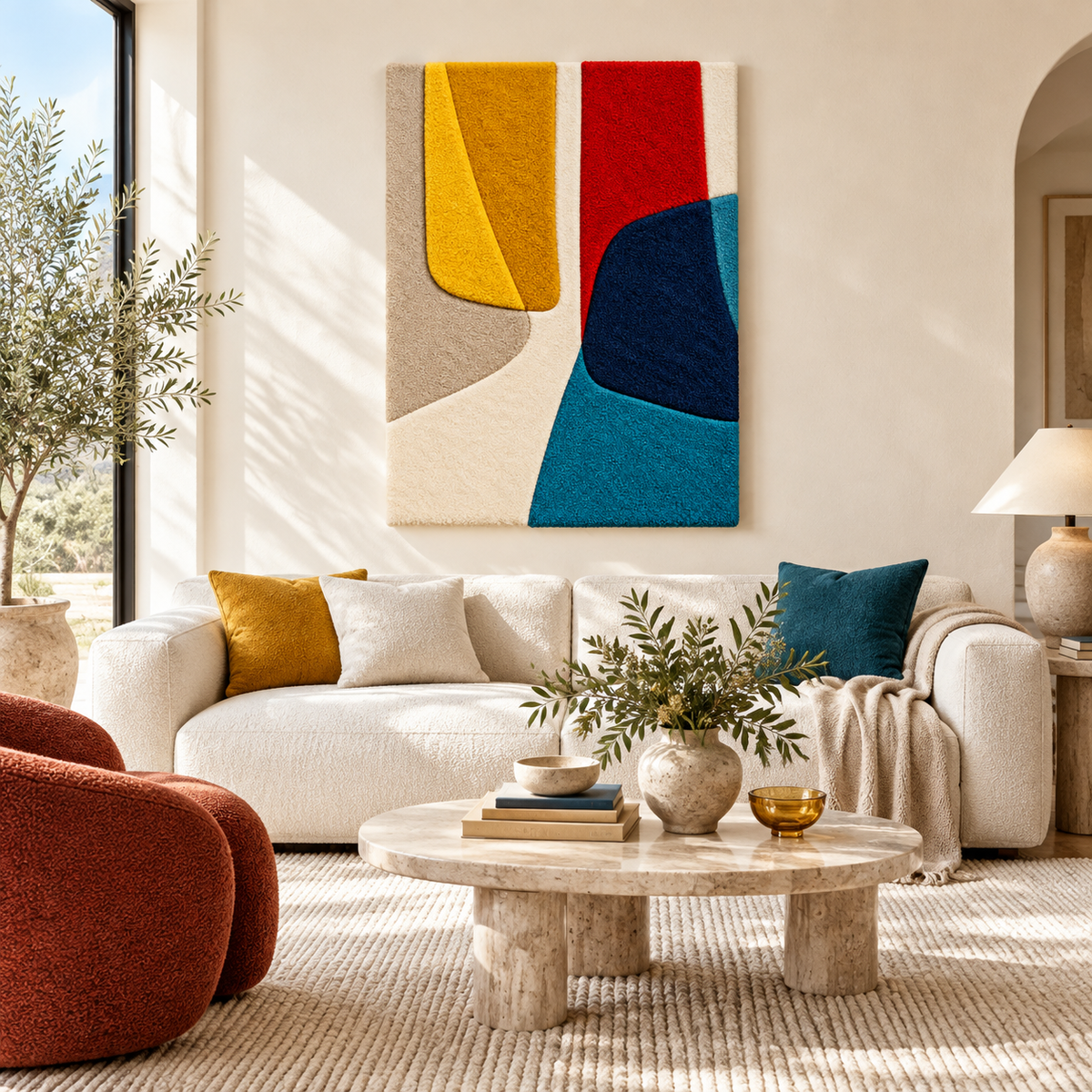 Hewn Earth Golden Fold and Blue Current wall art hanging on a room wall, featuring abstract golden and blue colors.