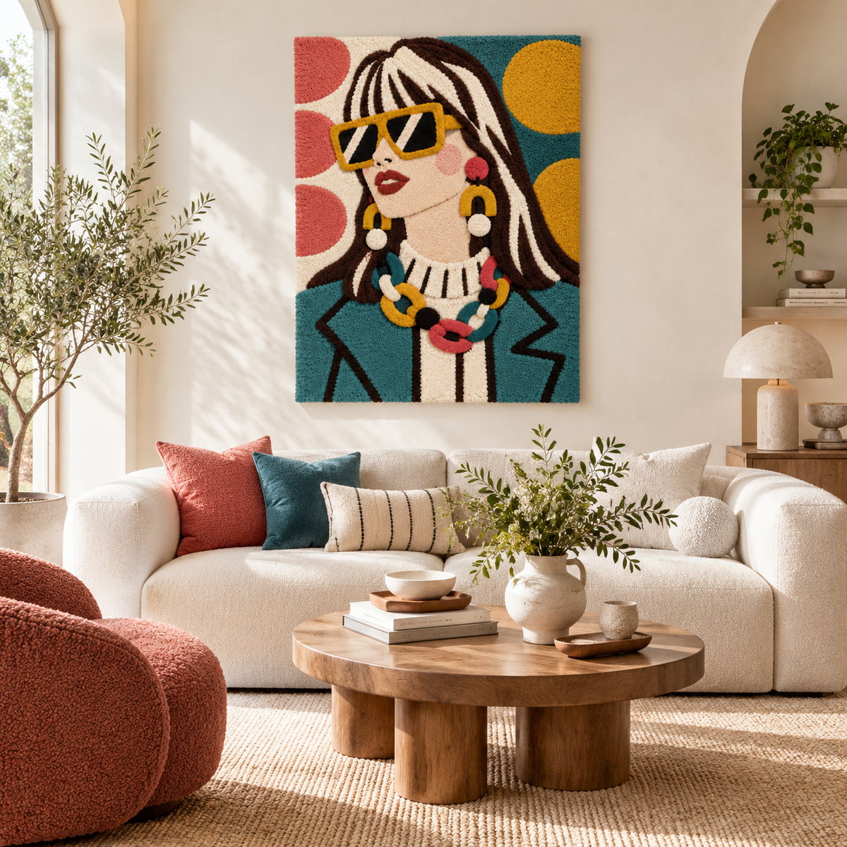 Hewn Earth wall art featuring golden frames and teal lapels, displayed on a modern room wall.