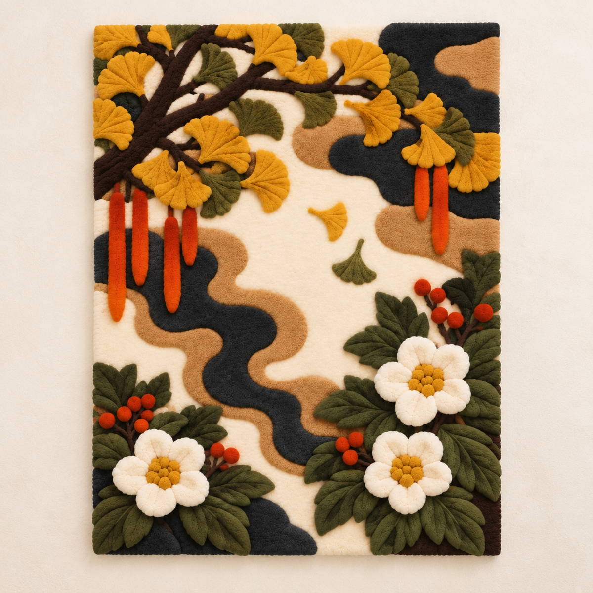 Golden Ginkgo Blossom Passage wall art by Hewn Earth featuring a golden ginkgo blossom design on a light background.