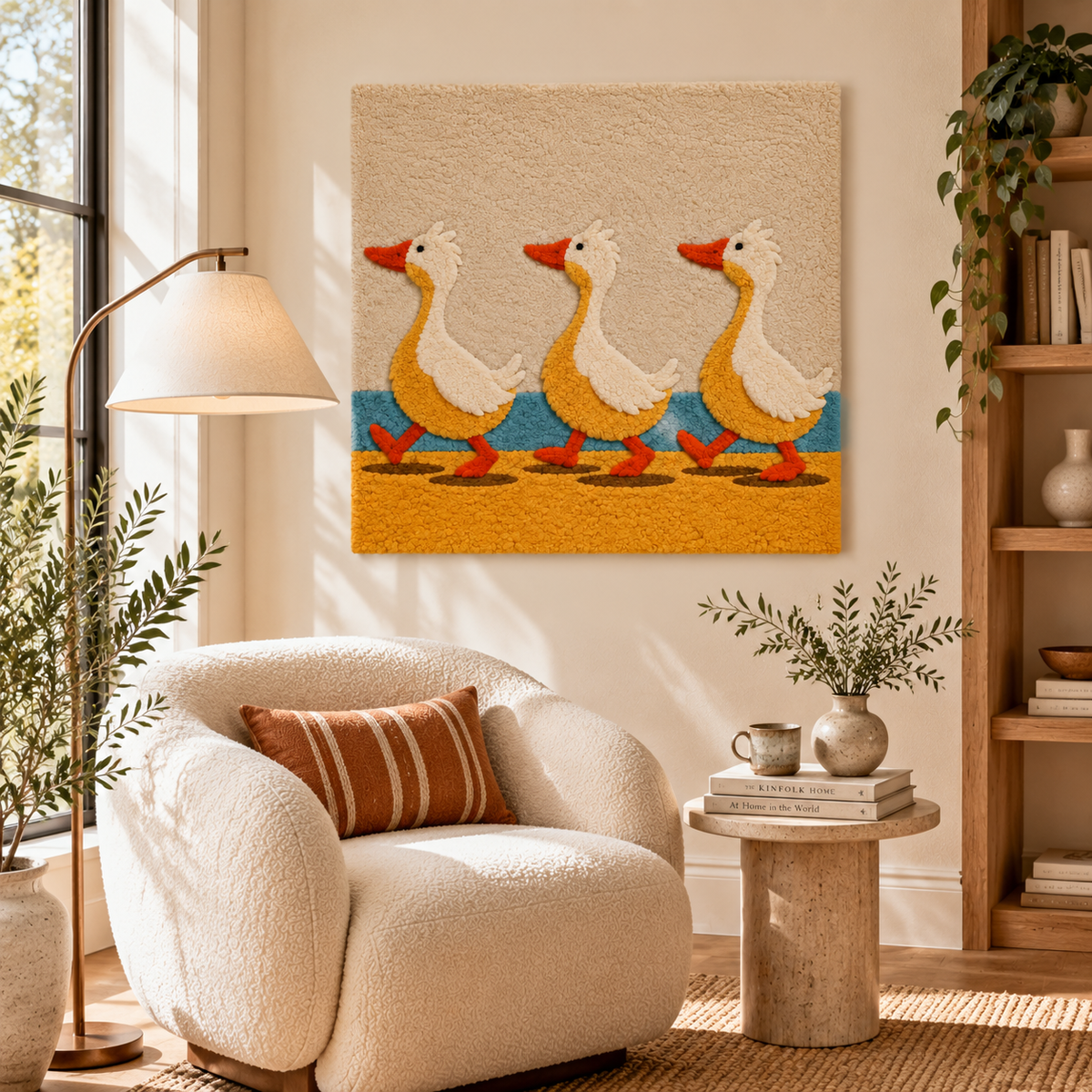 Hewn Earth Golden Goose Promenade wall art displayed in a modern room scene, showcasing detailed and stylish wall decor.