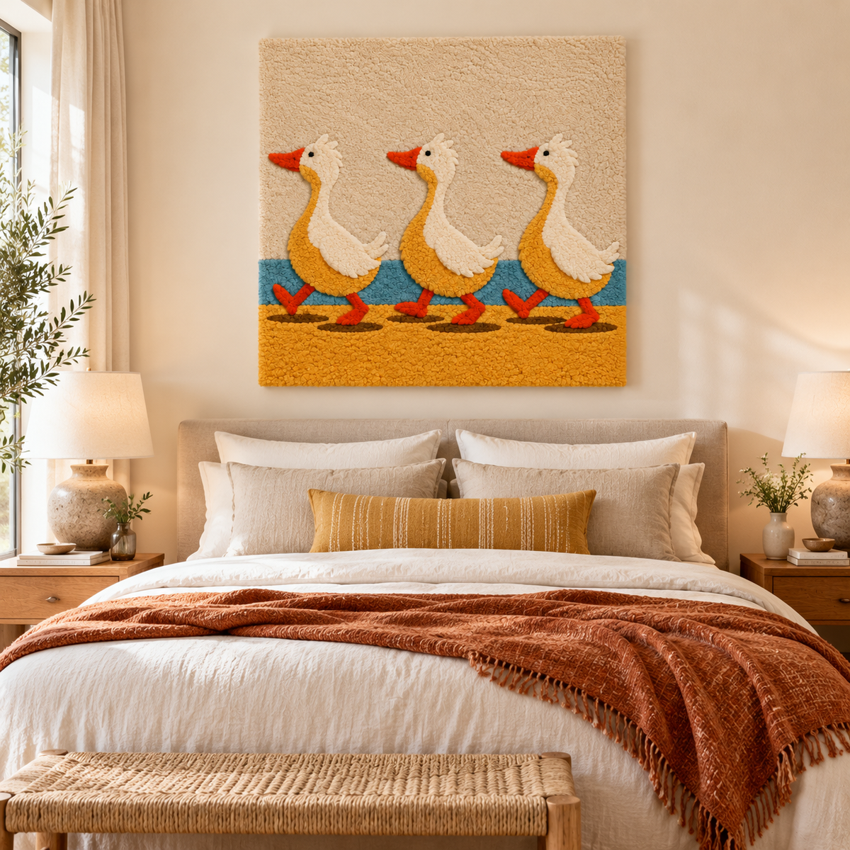Hewn Earth Golden Goose Promenade wall art displayed in a room scene, showcasing the detailed and artistic design.