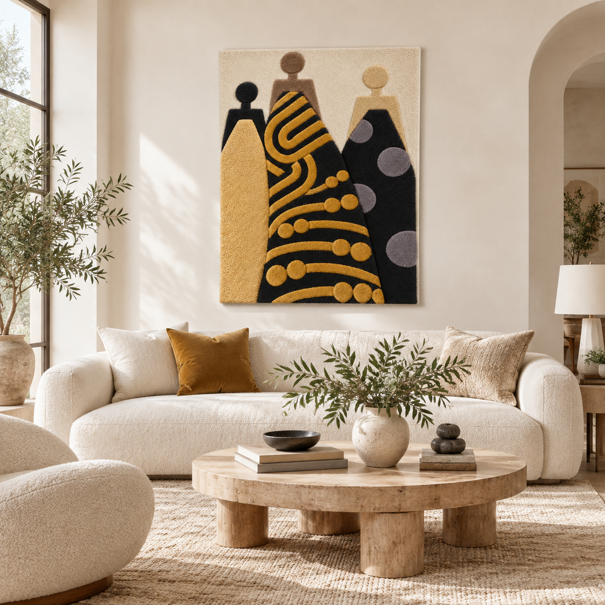Hewn Earth Golden Gown Gathering wall art features a detailed golden gown design, ideal for elegant room decor.