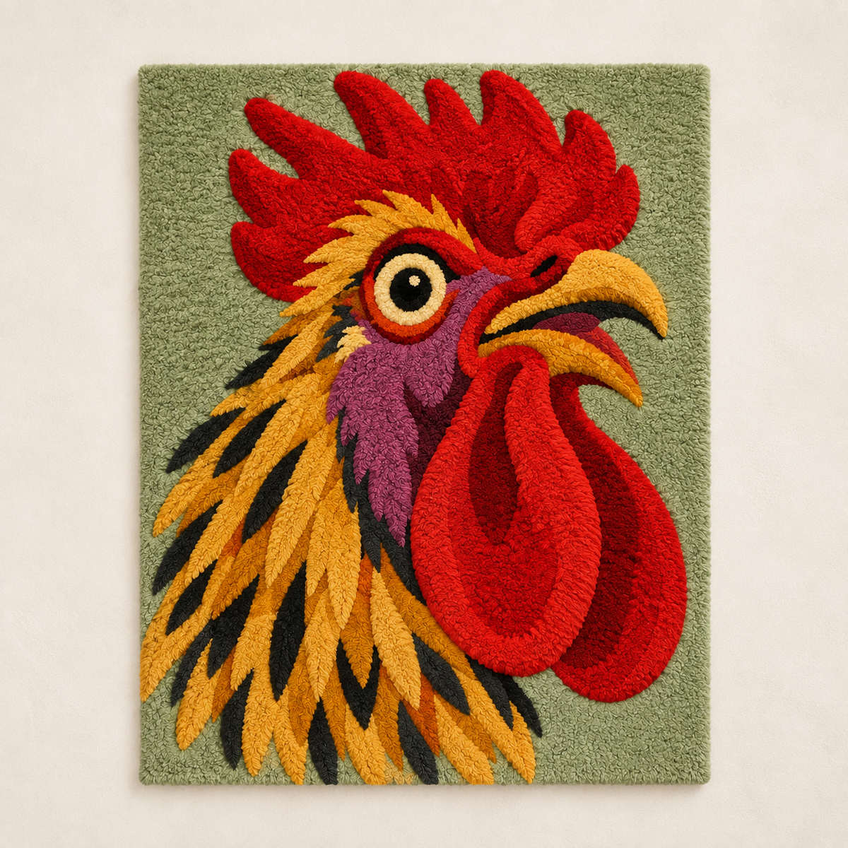 Hewn Earth wall art featuring a golden hackle rooster in vibrant colors on a textured background.