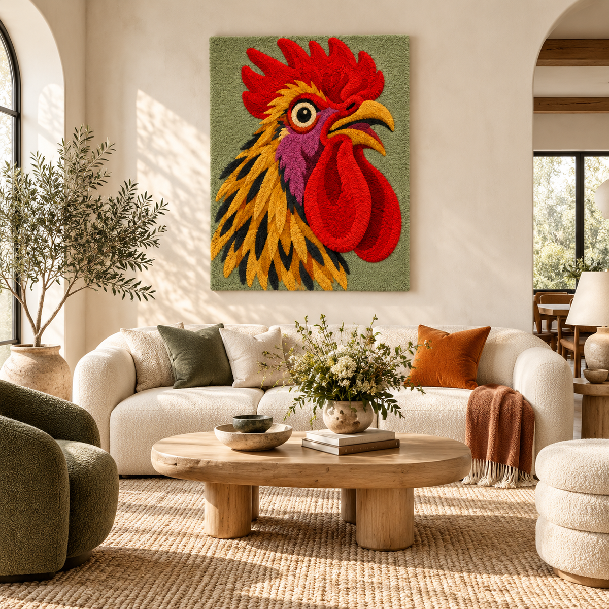 Hewn Earth Golden Hackle Rooster wall art featuring a detailed illustration of a golden hackle rooster on a neutral background.