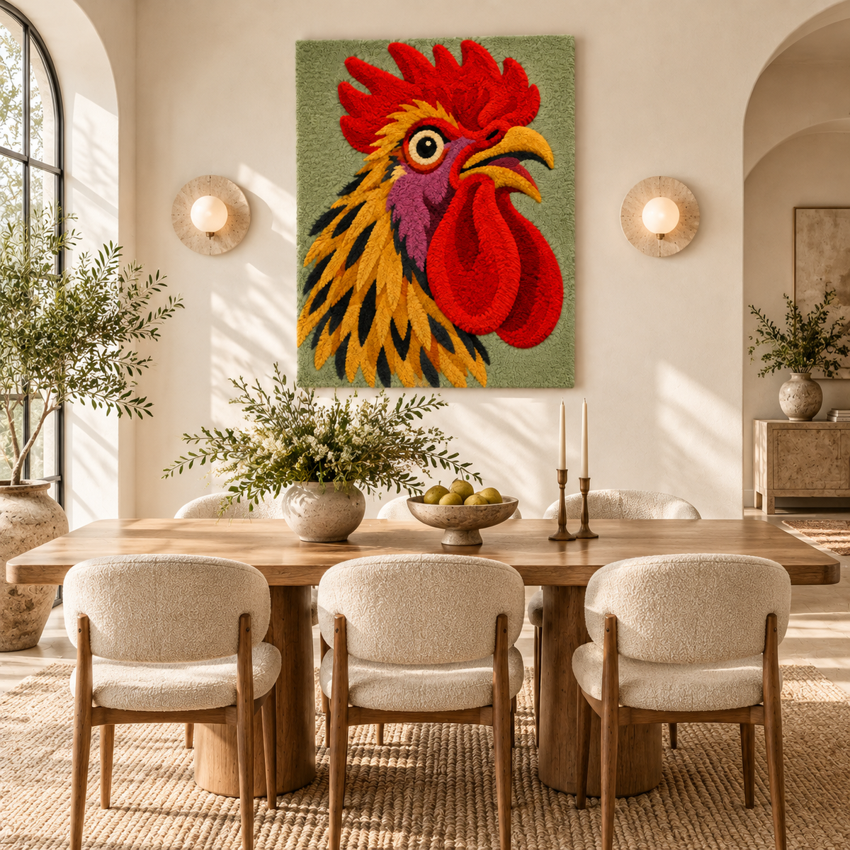Hewn Earth golden hackle rooster wall art displayed in a room scene, showcasing detailed feathers and rustic decorative style.