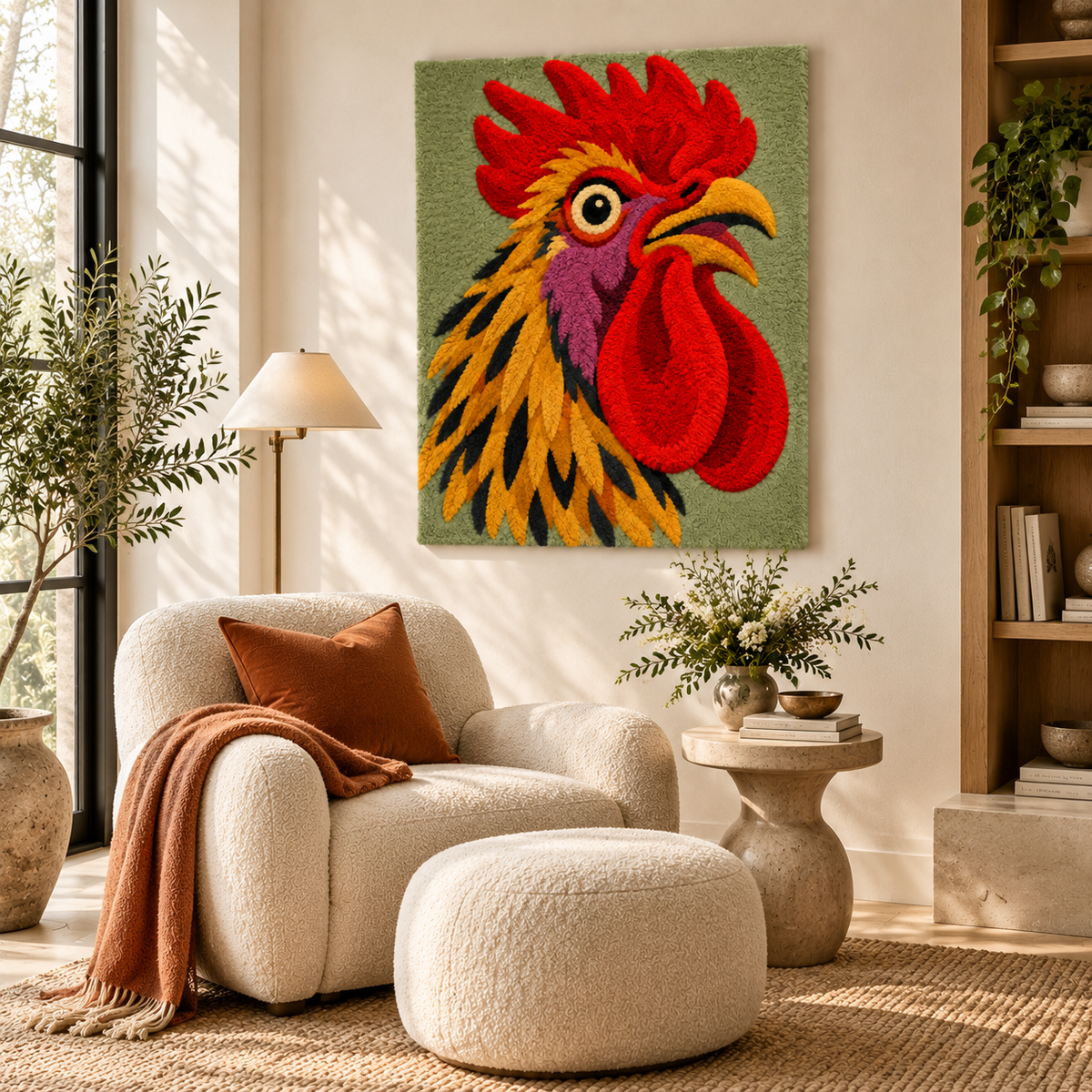 Hewn Earth Golden Hackle Rooster wall art featuring a detailed golden-hackle rooster illustration in a room setting