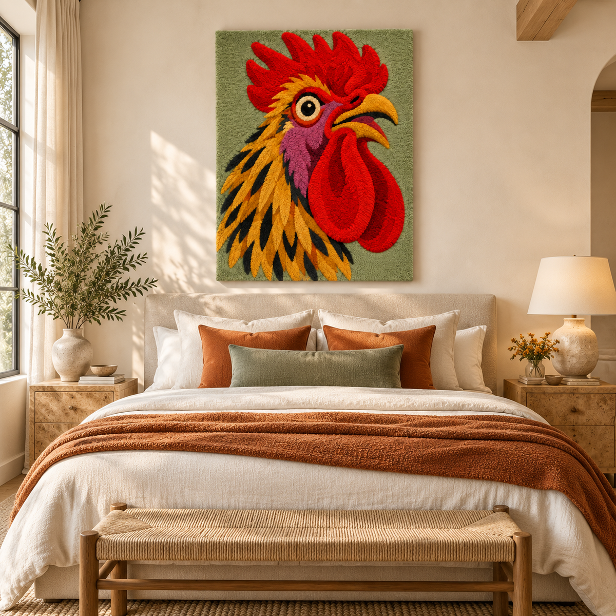 Hewn Earth wall art featuring a golden hackle rooster, displayed in a cozy room setting with warm lighting and decorative accents.